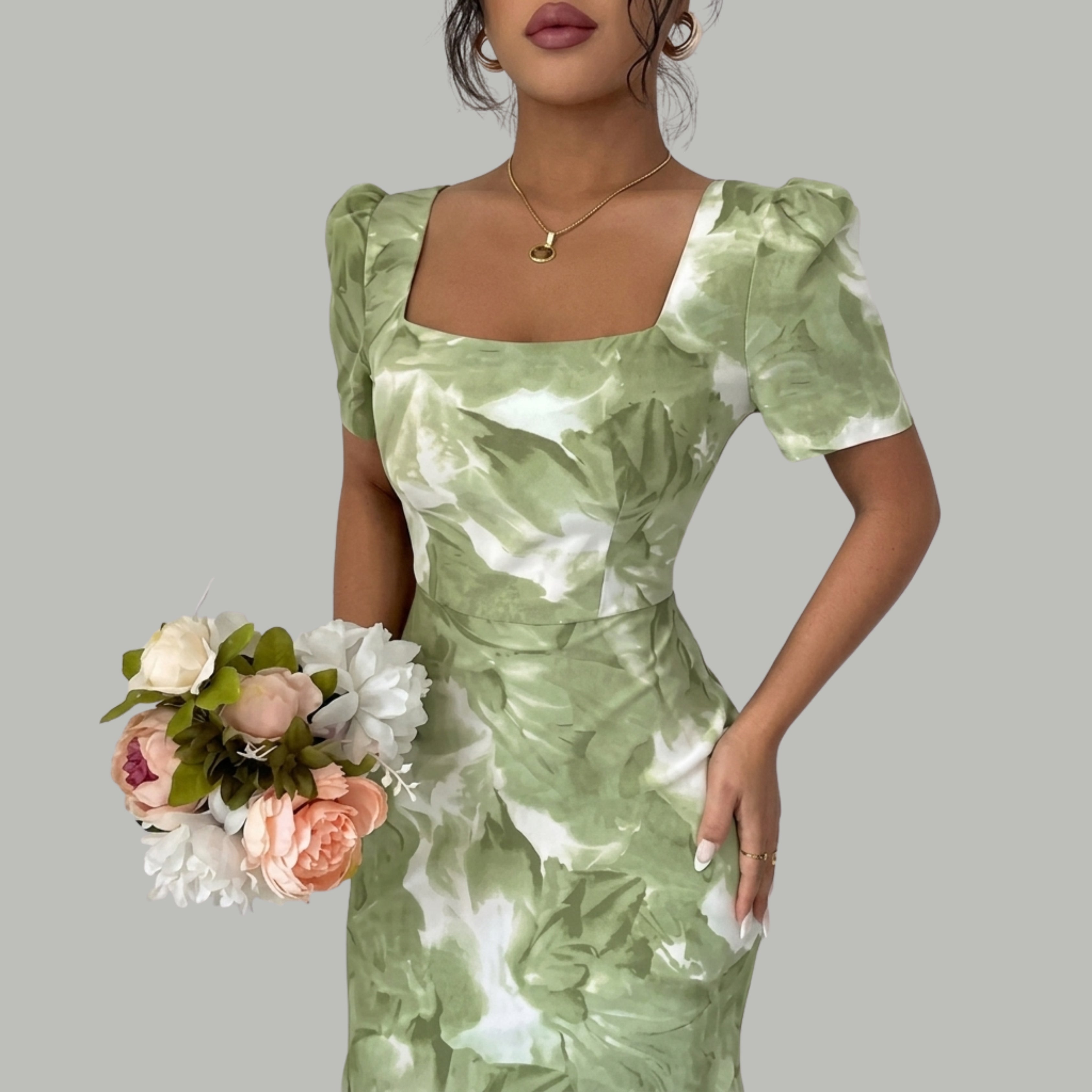 Sage Green Floral Midi Dress with Puff Sleeves & Open Back Bow