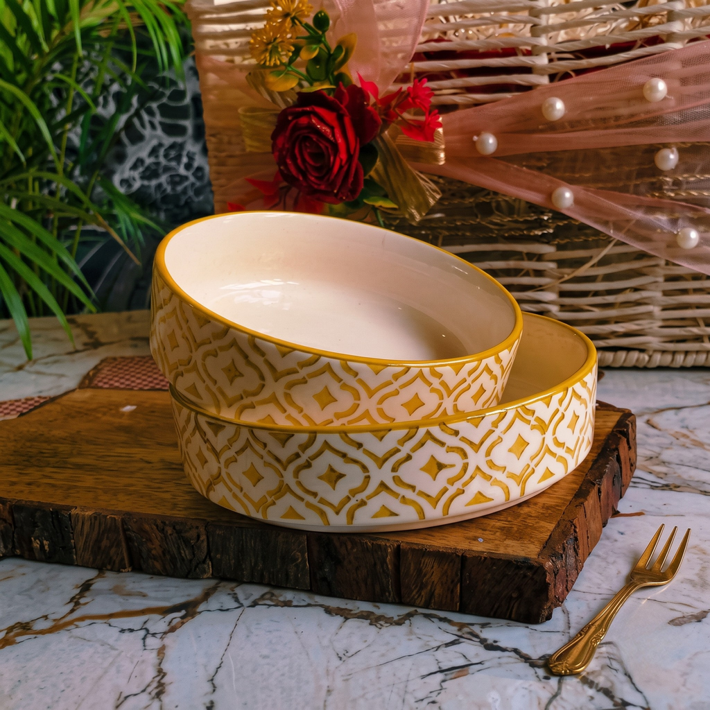Premium Gold Ceramic Serving Bowls (Set of 2) | Microwave Safe & Reusable