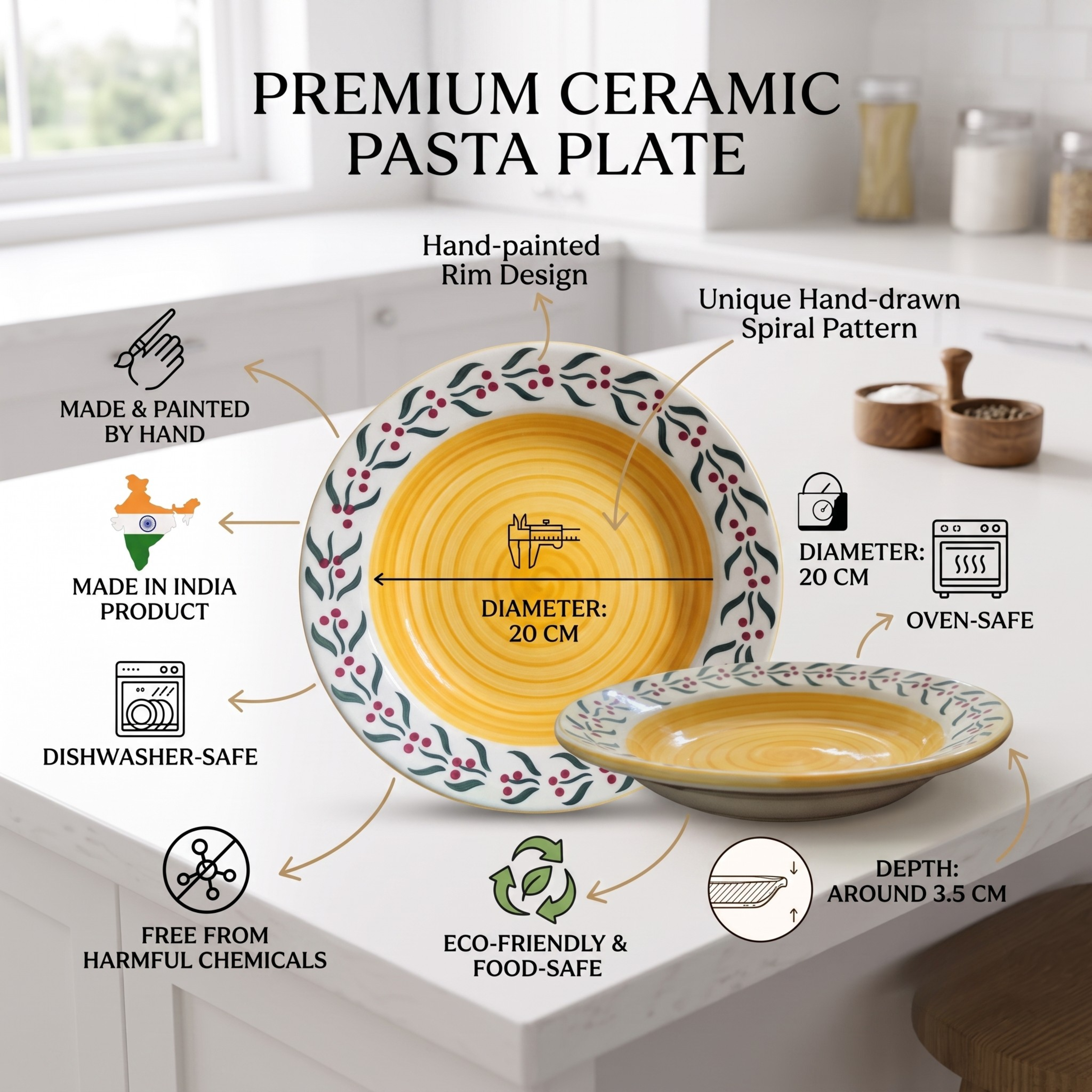Premium Hand-Painted Ceramic Pasta Plate (20cm) | Yellow Spiral & Berry Design