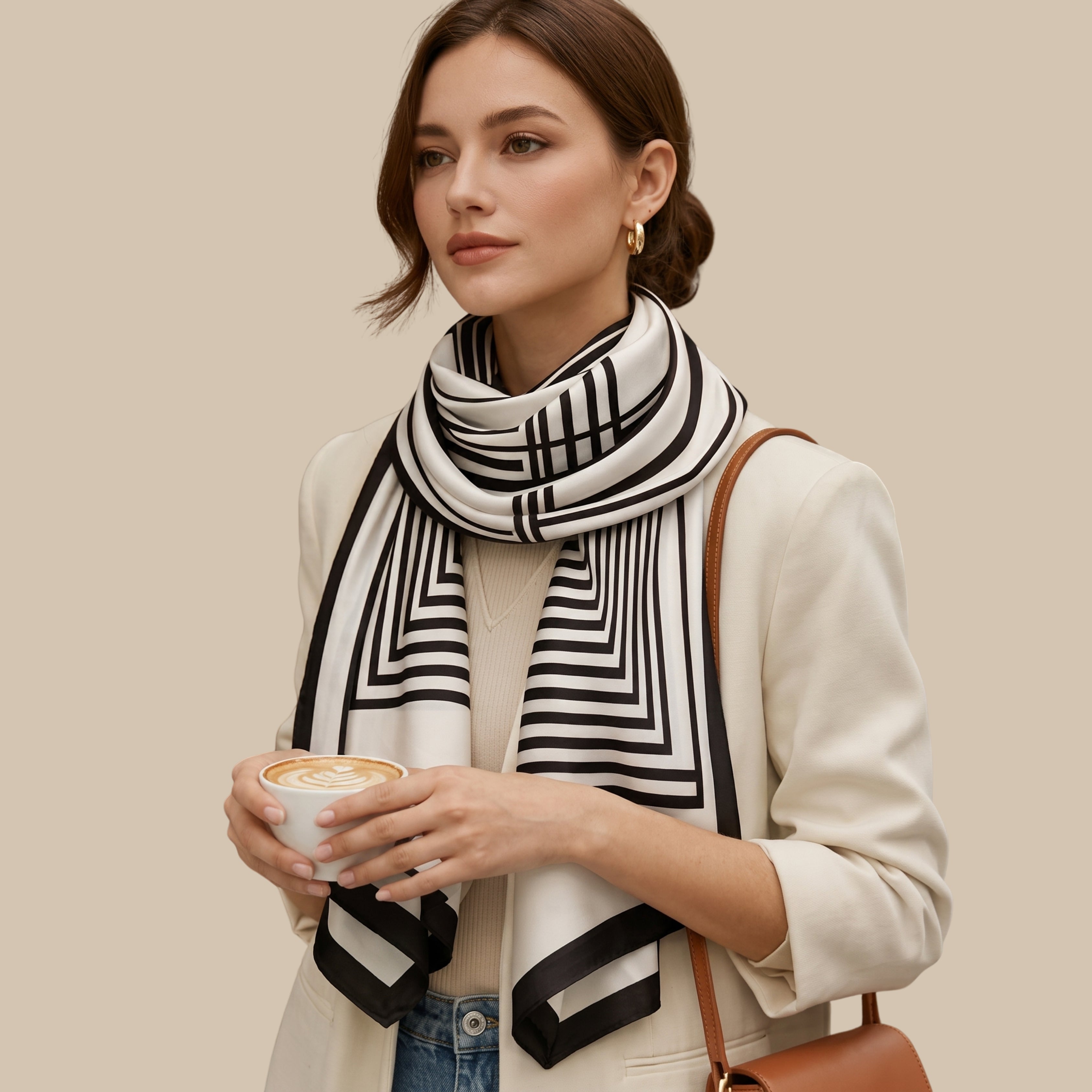 Black & White Geometric Stripe Scarf for Women | Soft Korean Style Shawl, Wrap & Stole