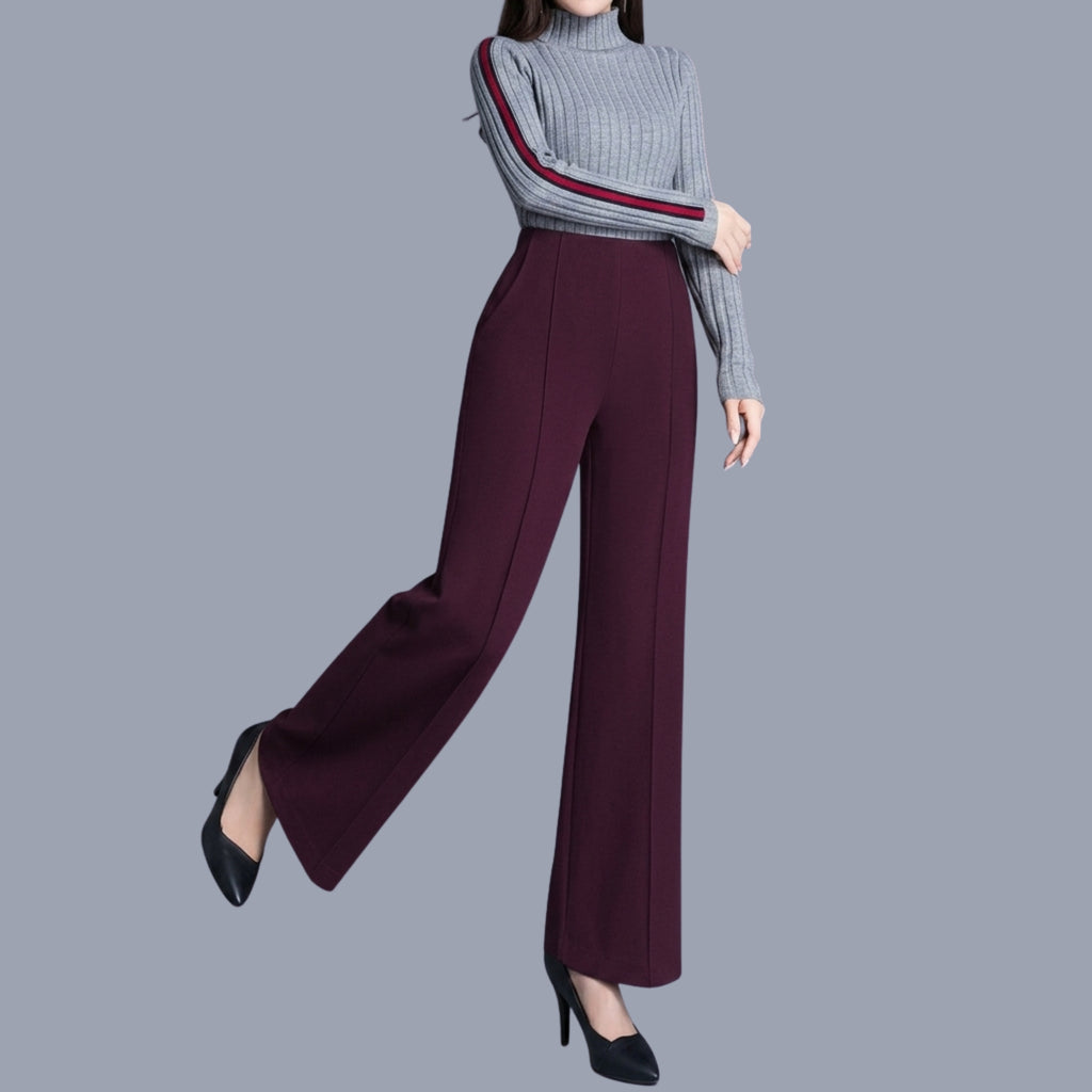 Women's Korean Wide Leg Pants | High Waist Stretch Formal & Casual Trousers | Maroon