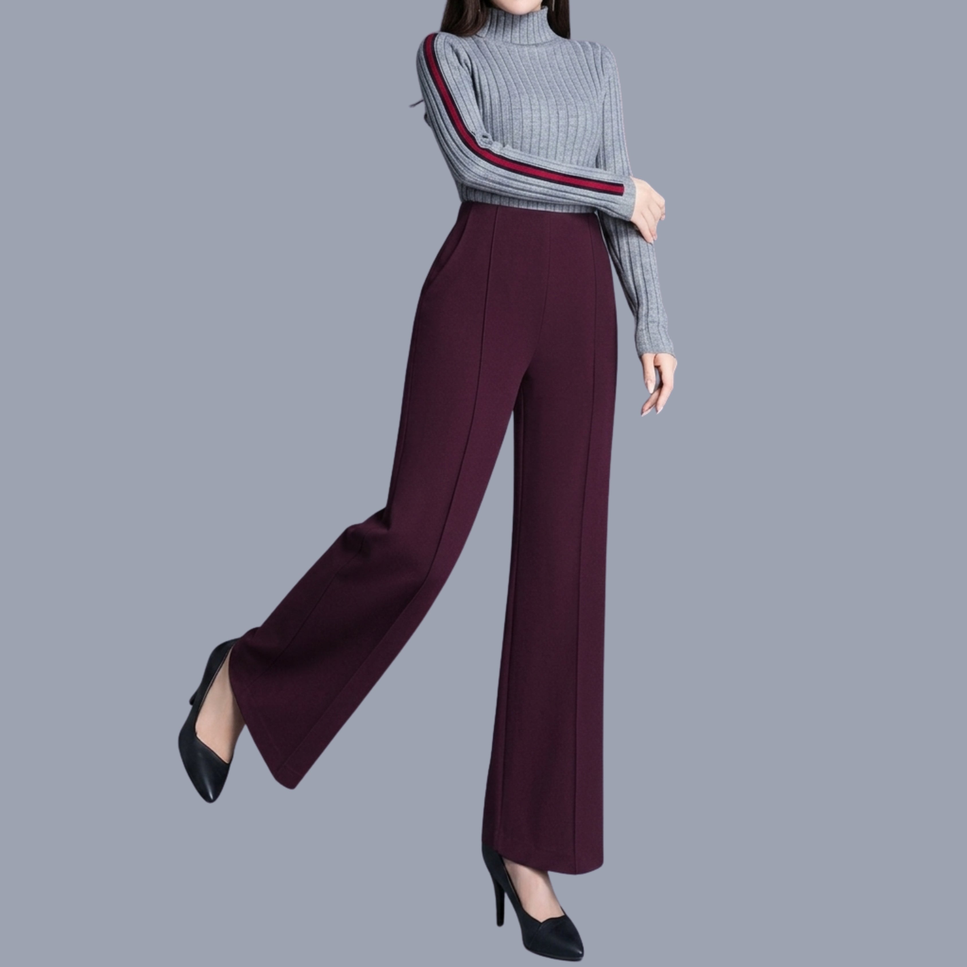 Women's Korean Wide Leg Pants | High Waist Stretch Formal & Casual Trousers | Maroon