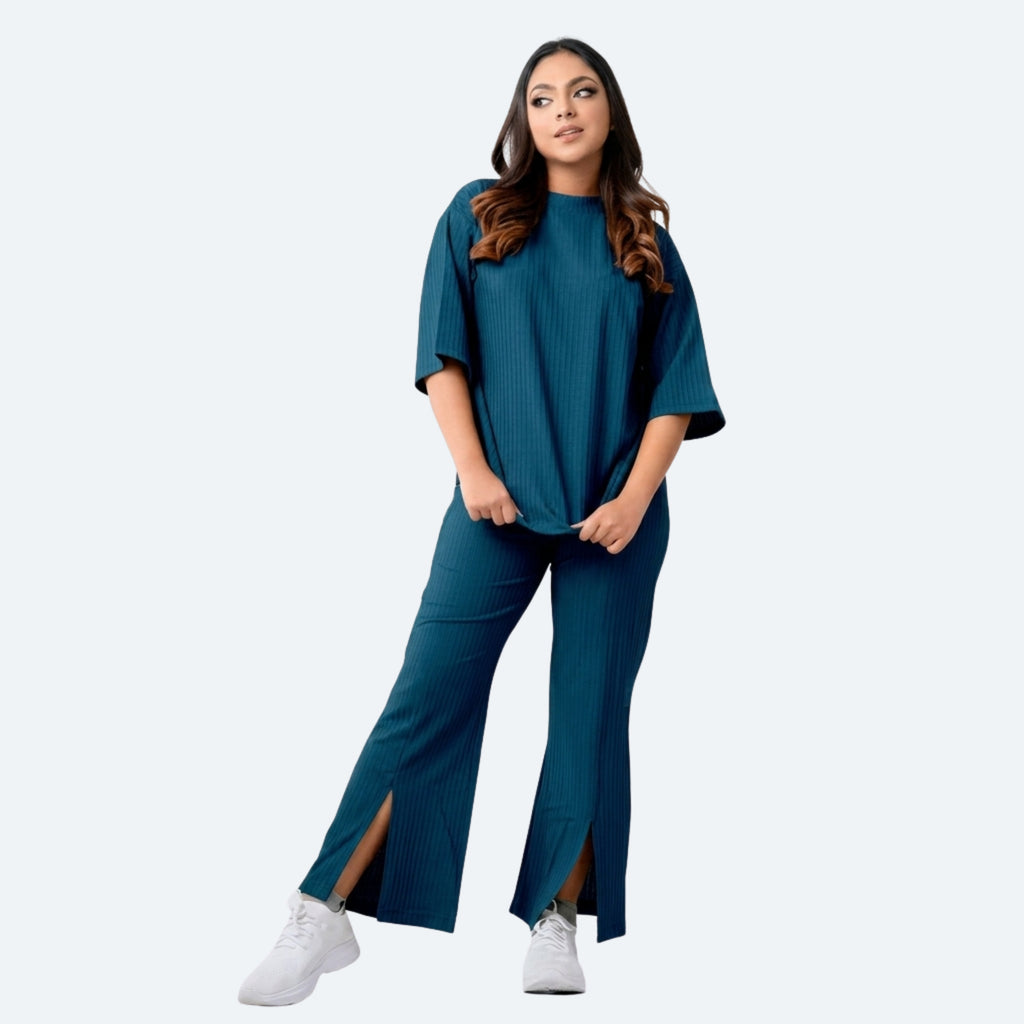 Women's Ribbed Co-Ord Set | Oversized Half Sleeve Top & Straight Fit Slit Pants | Casual Lounge Wear