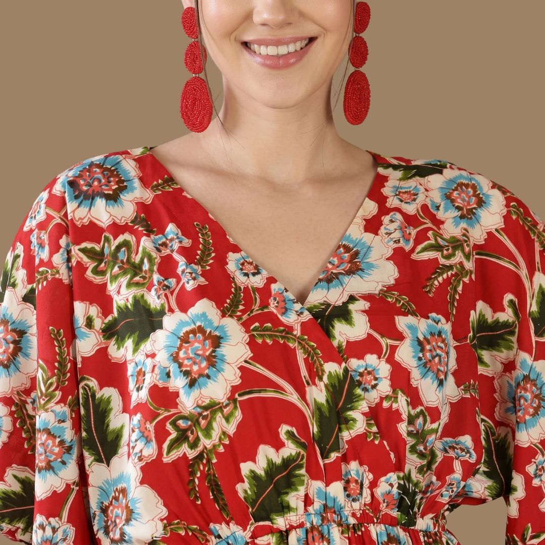 Red Floral Print V-Neck Maxi Dress