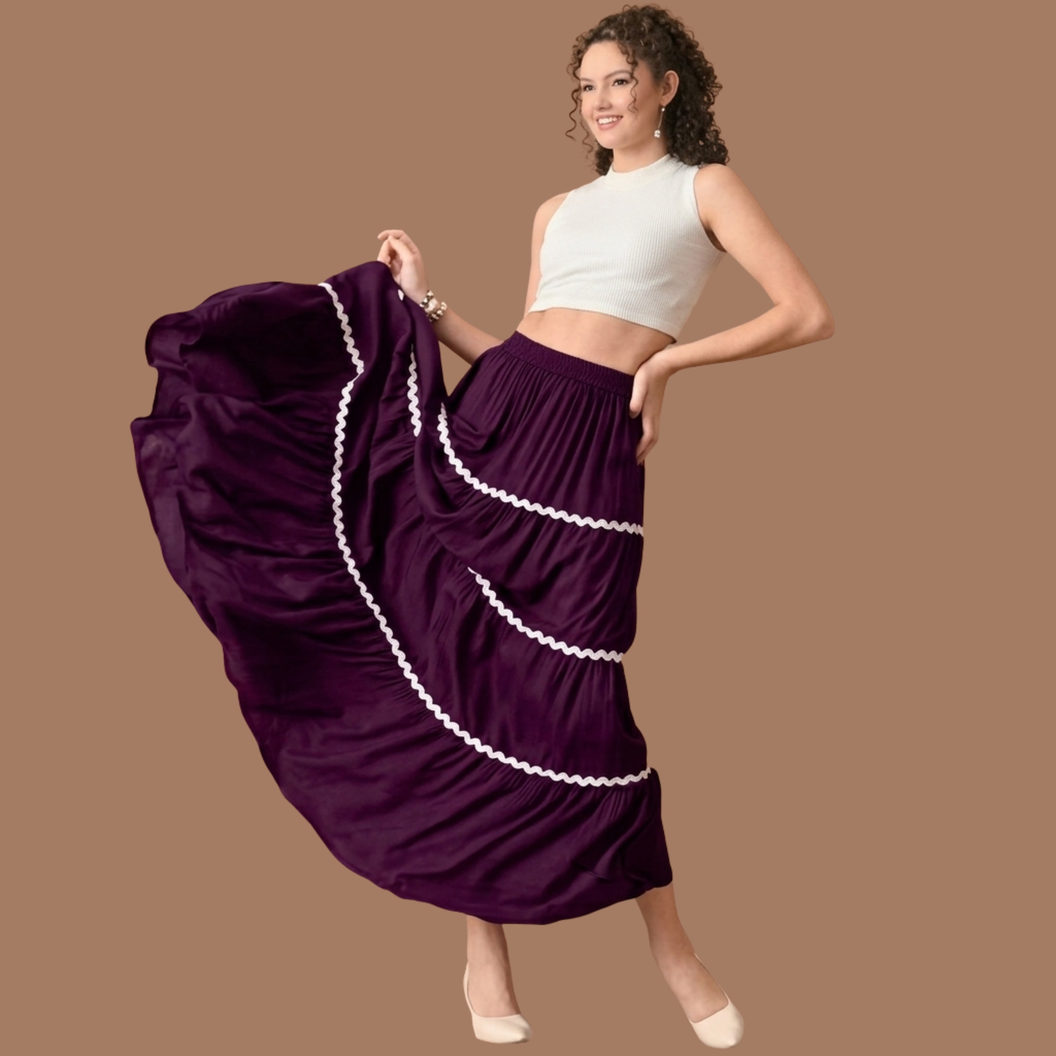 Korean High Waist Tiered Maxi Skirt for Women | Flowy A-Line Long Skirt with Elastic Waist