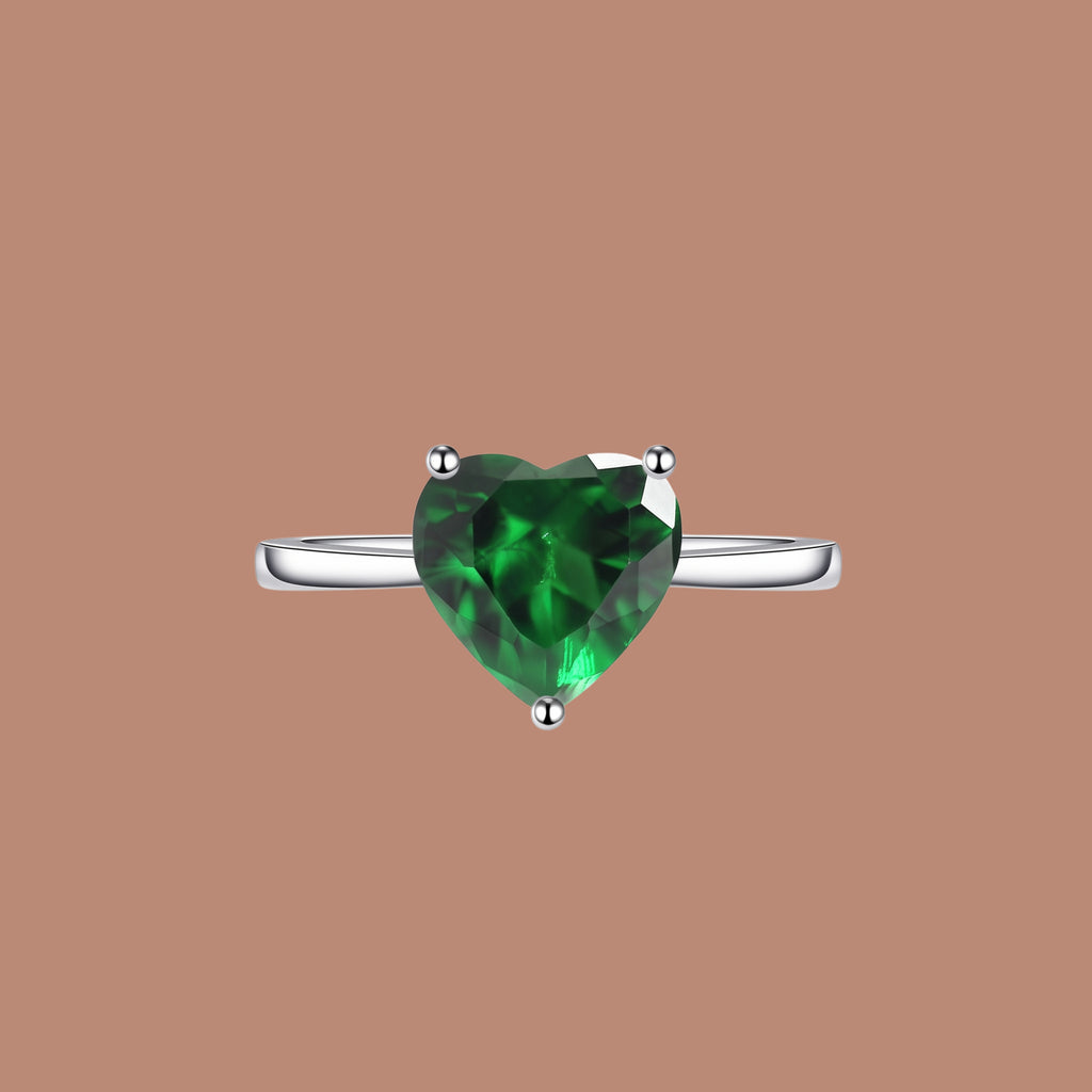 Adjustable Green Heart Ring for Women | Anti-Tarnish Silver-Tone Gemstone Ring