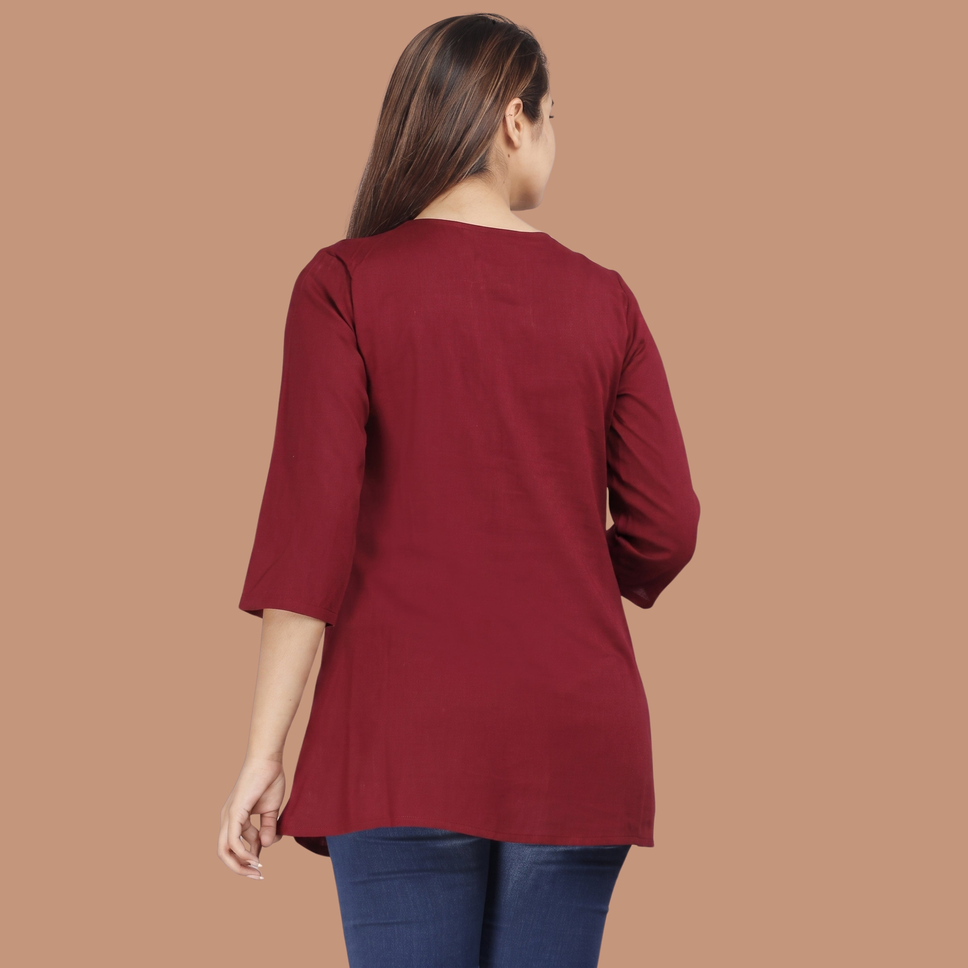 Women's Maroon Embroidered Short Kurti | Casual Ethnic Top