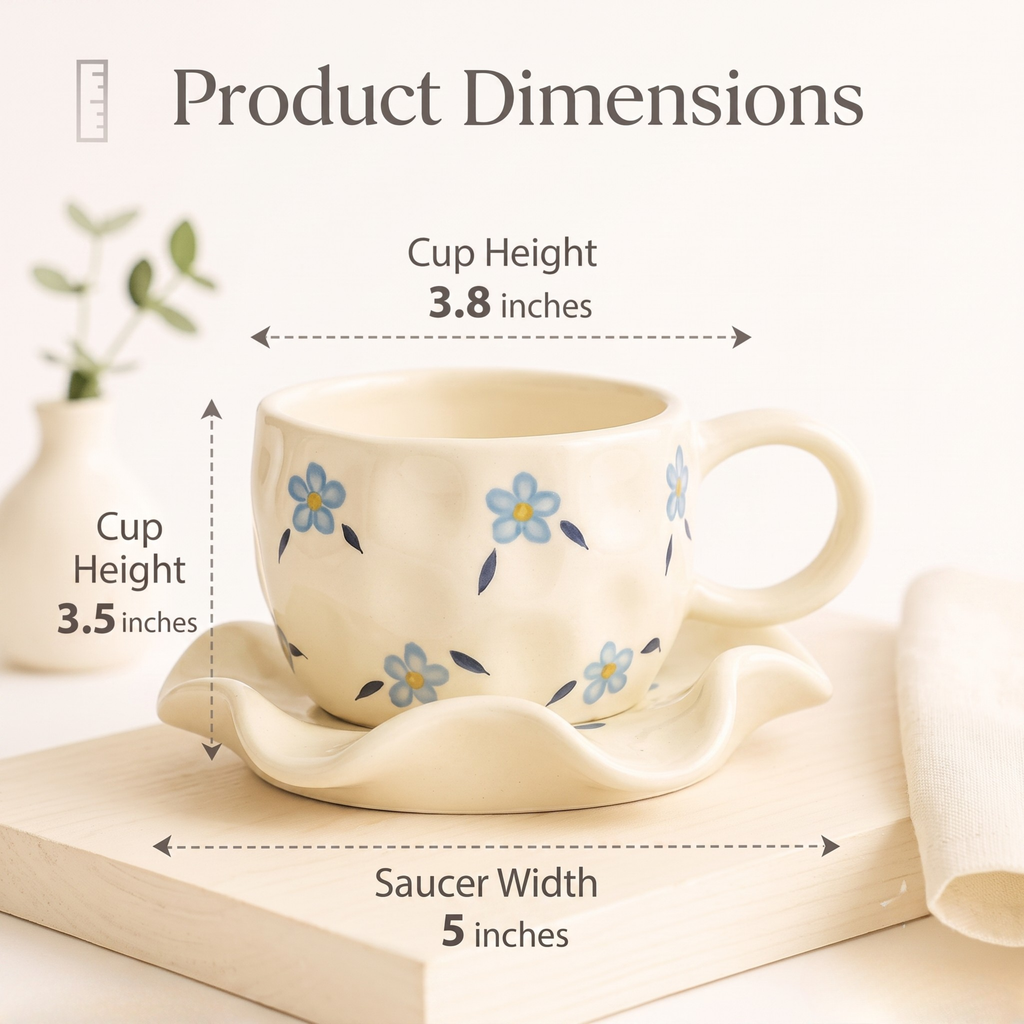 Elegant Cream Ceramic Floral Cup & Wavy Saucer Set | 300ml