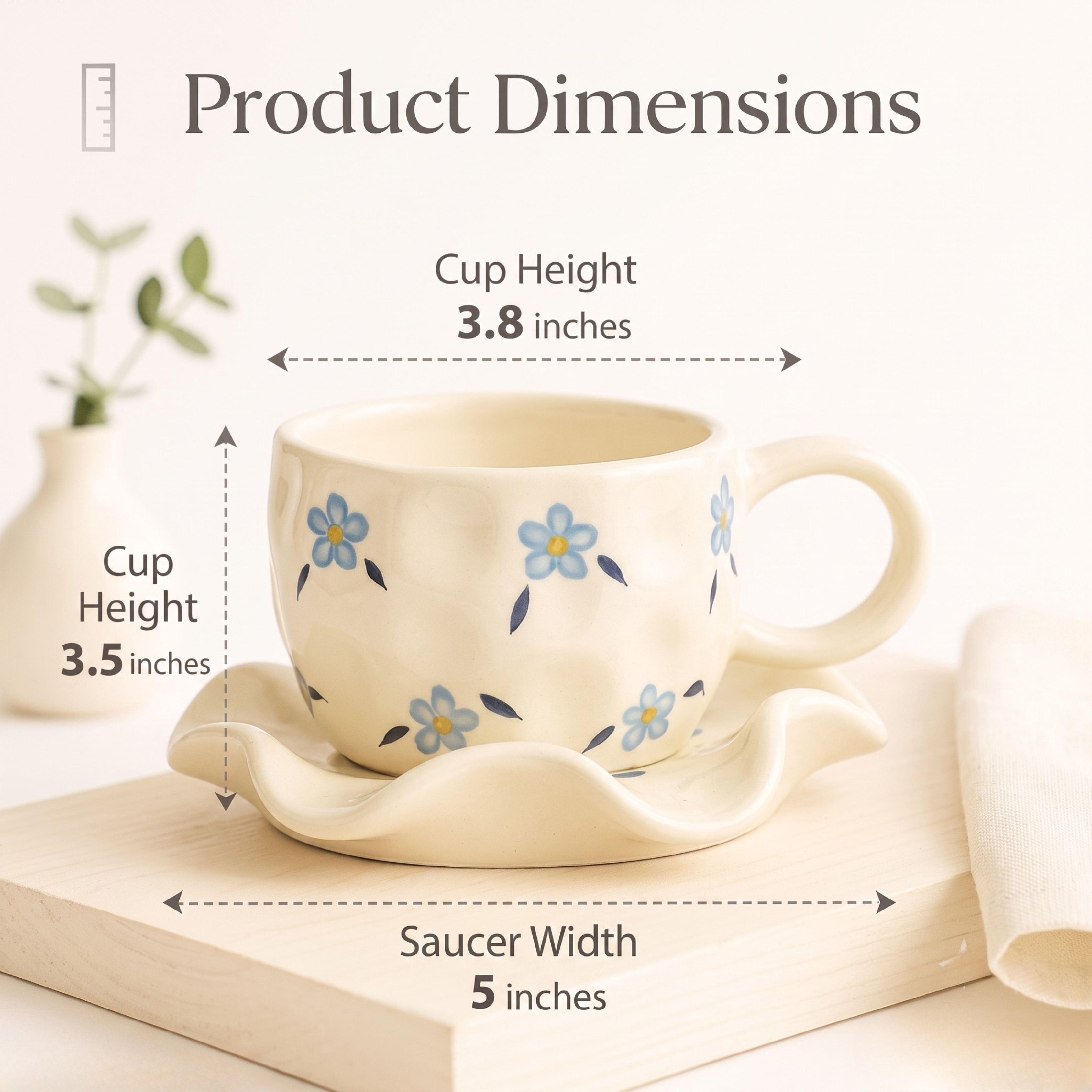 Elegant Cream Ceramic Floral Cup & Wavy Saucer Set | 300ml