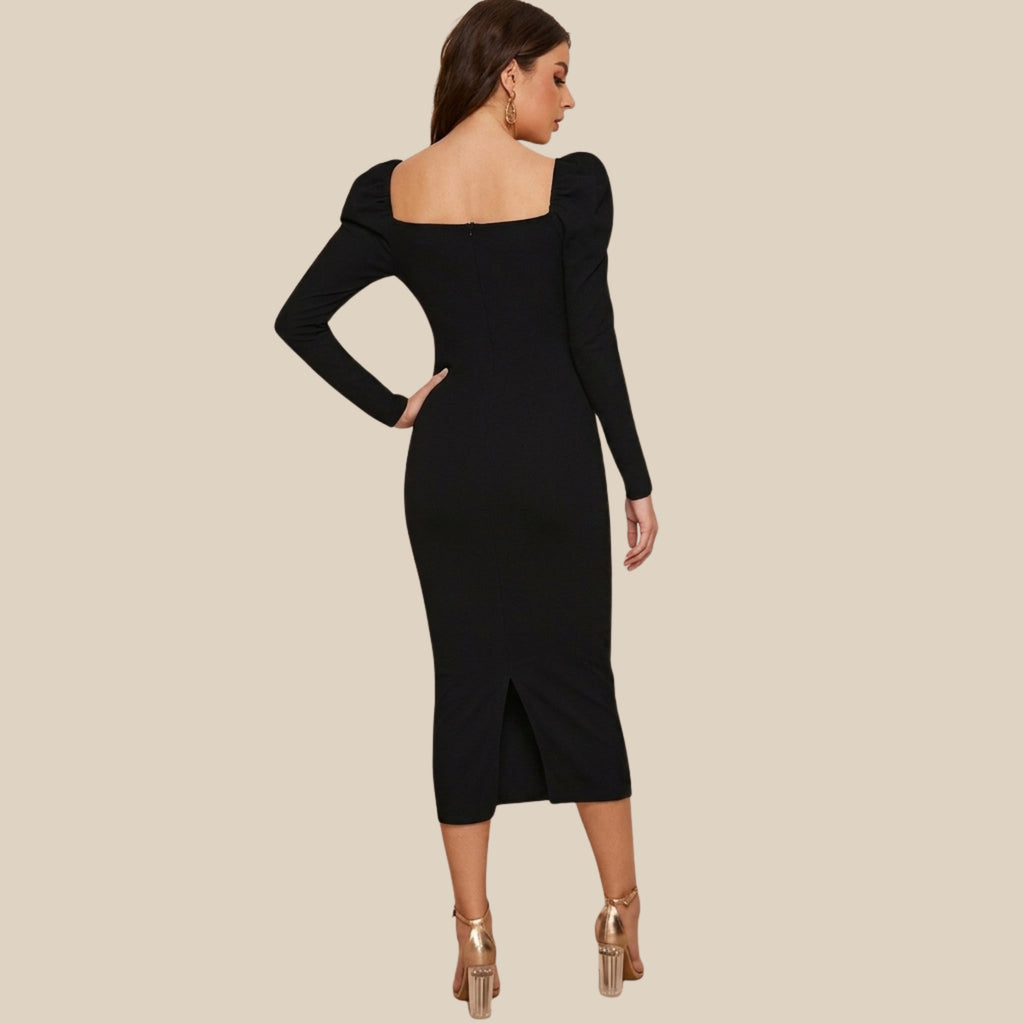 Elegant Black Sweetheart Neck Midi Dress with Puff Long Sleeves