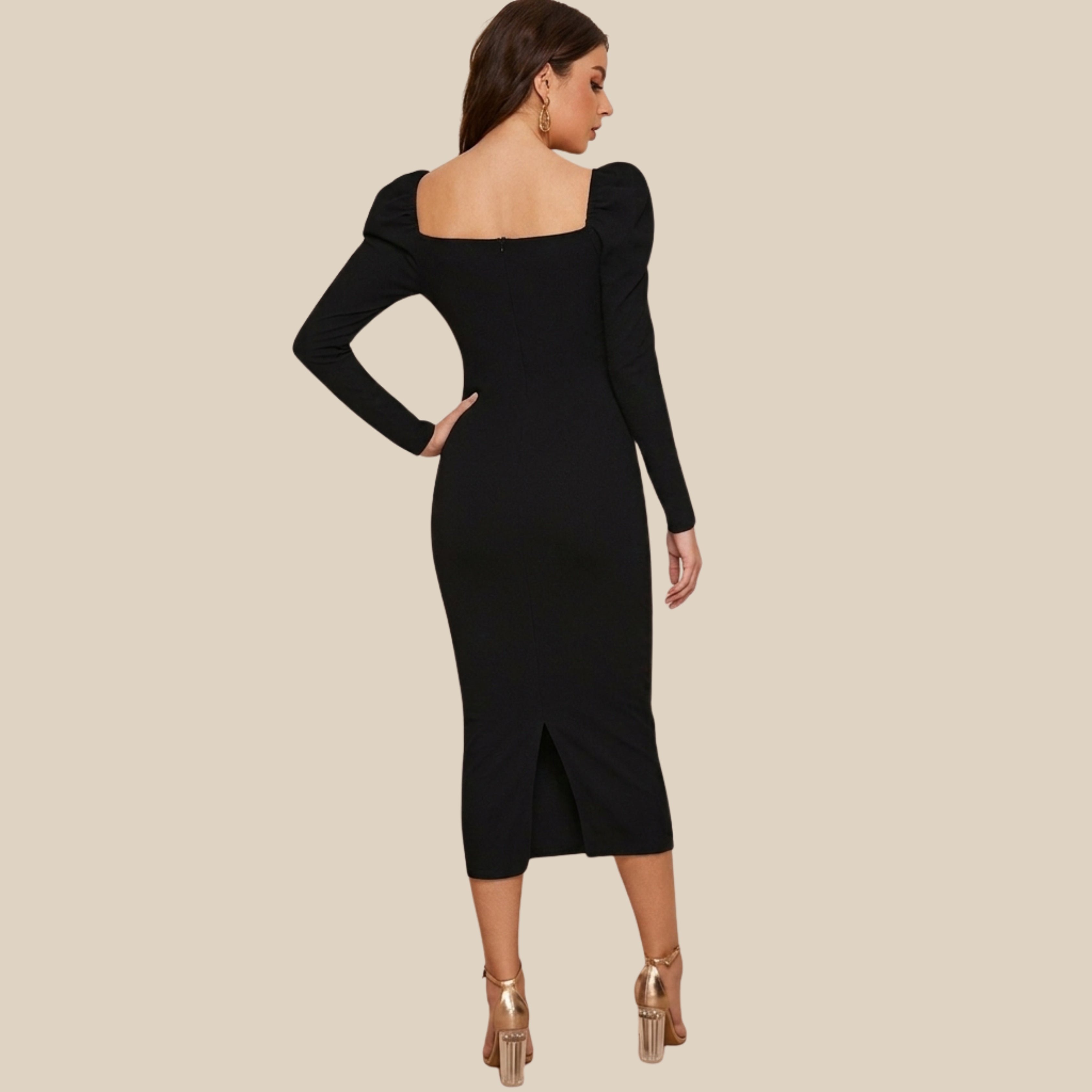Elegant Black Sweetheart Neck Midi Dress with Puff Long Sleeves