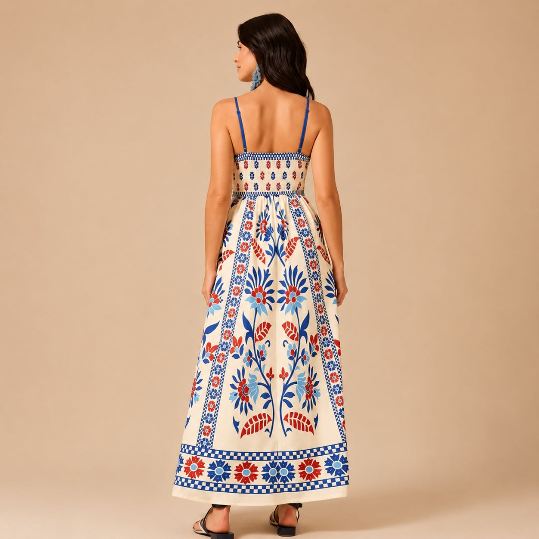 Blue & Red Floral Printed Cotton Maxi Dress