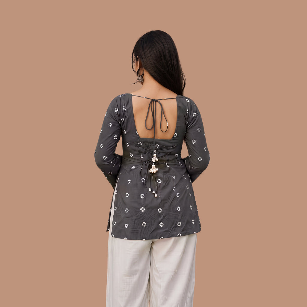 Women's Grey Printed Short Kurti with Back Tie-Up | Stylish Casual & Festive Wear