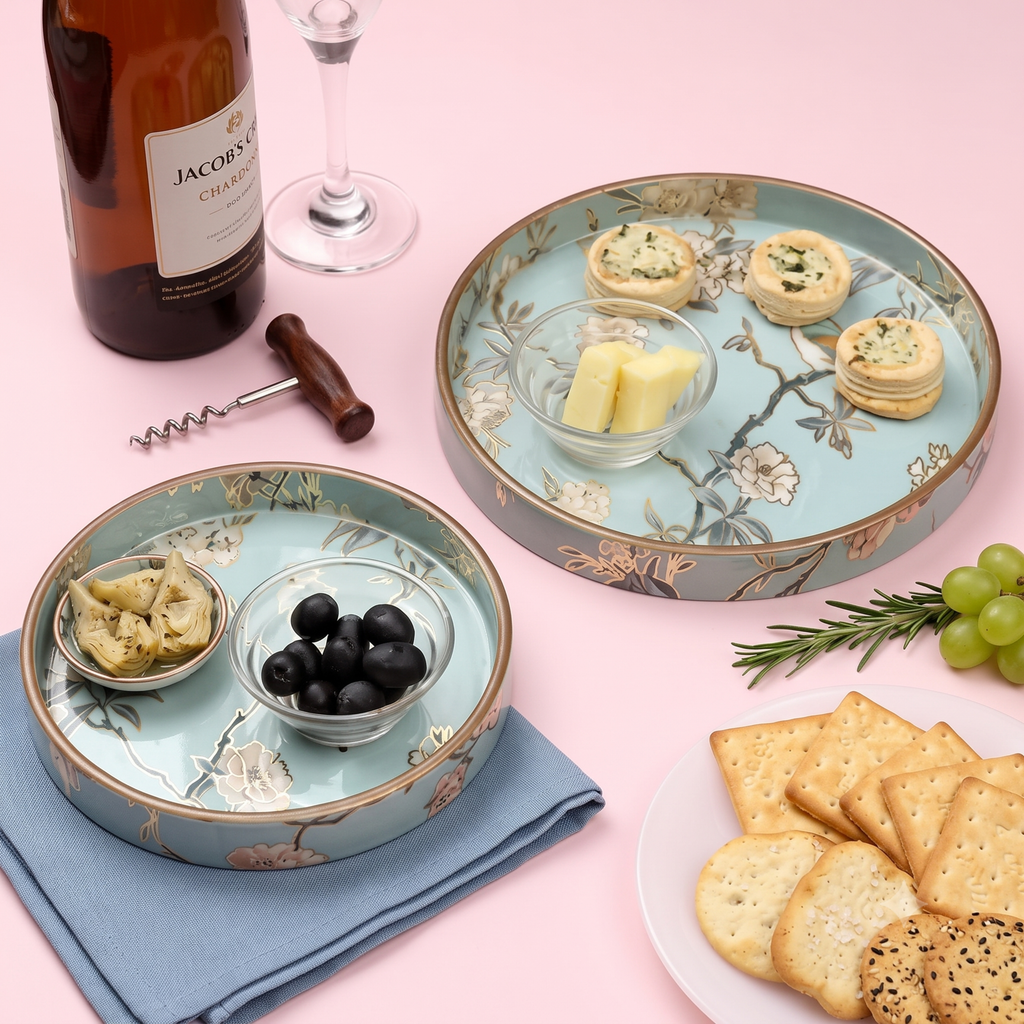 Set of 2 Blue Wooden Serving Trays | 9-Inch Round Decorative Trays with Floral Design