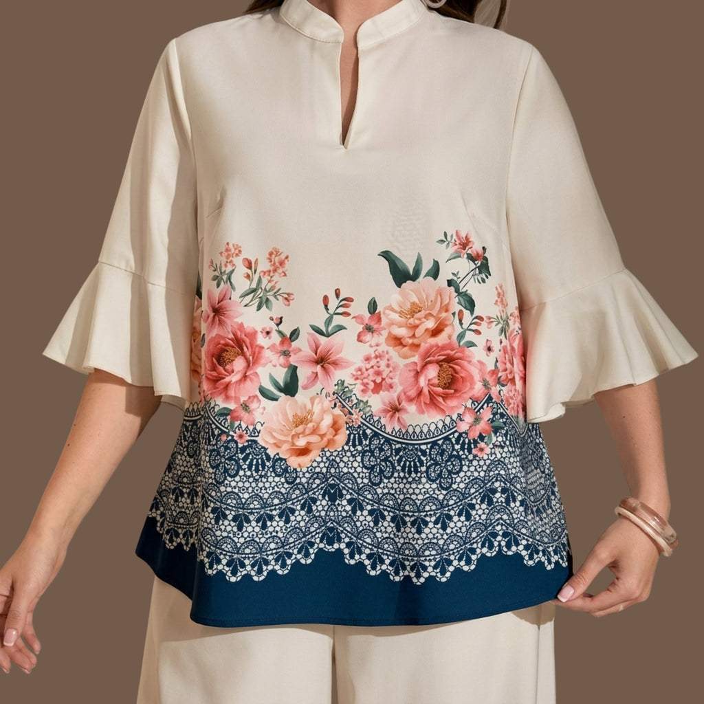 Women's Floral Printed Co-Ord Set | Cream Bell Sleeve Top & Wide Leg Palazzo Pants