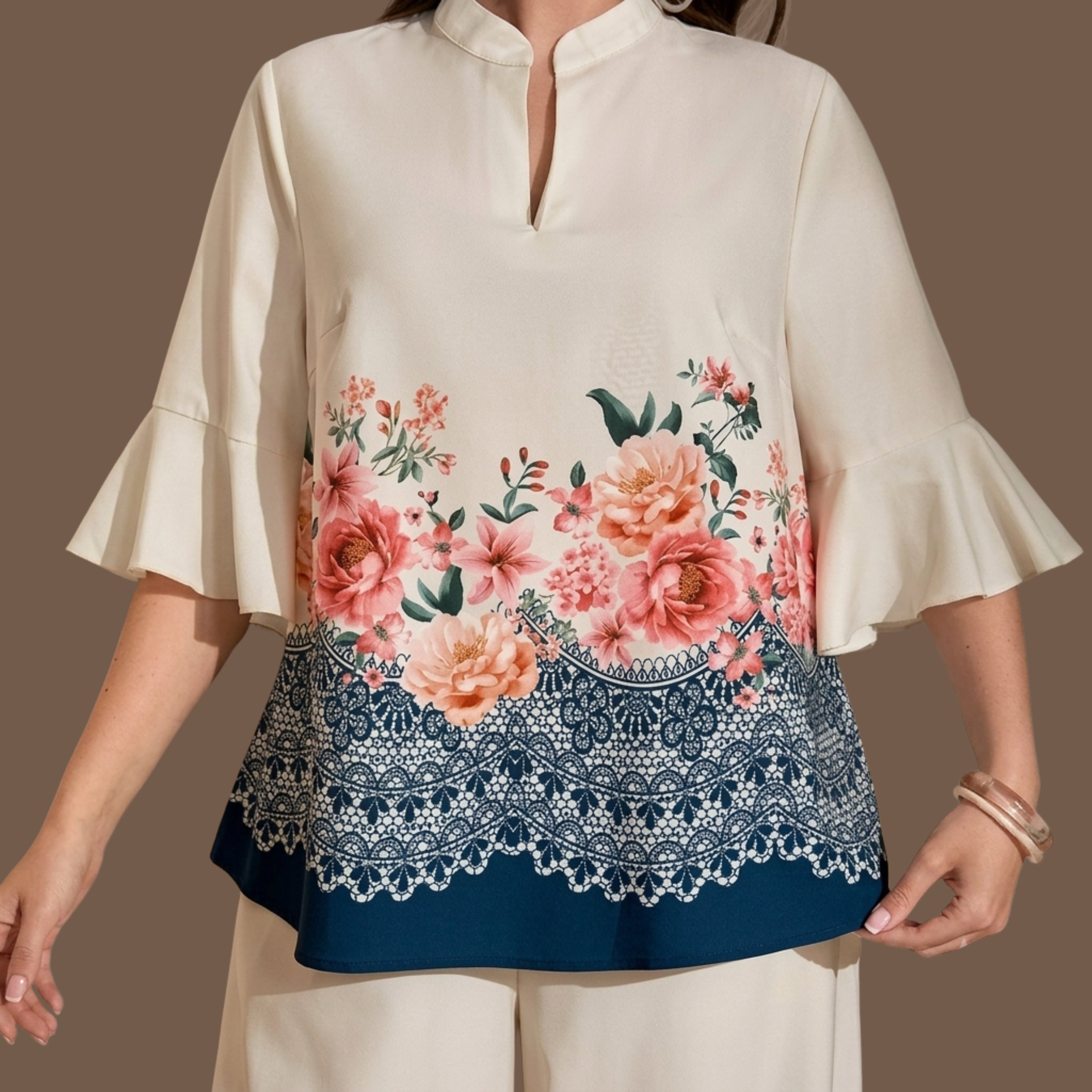 Women's Floral Printed Co-Ord Set | Cream Bell Sleeve Top & Wide Leg Palazzo Pants