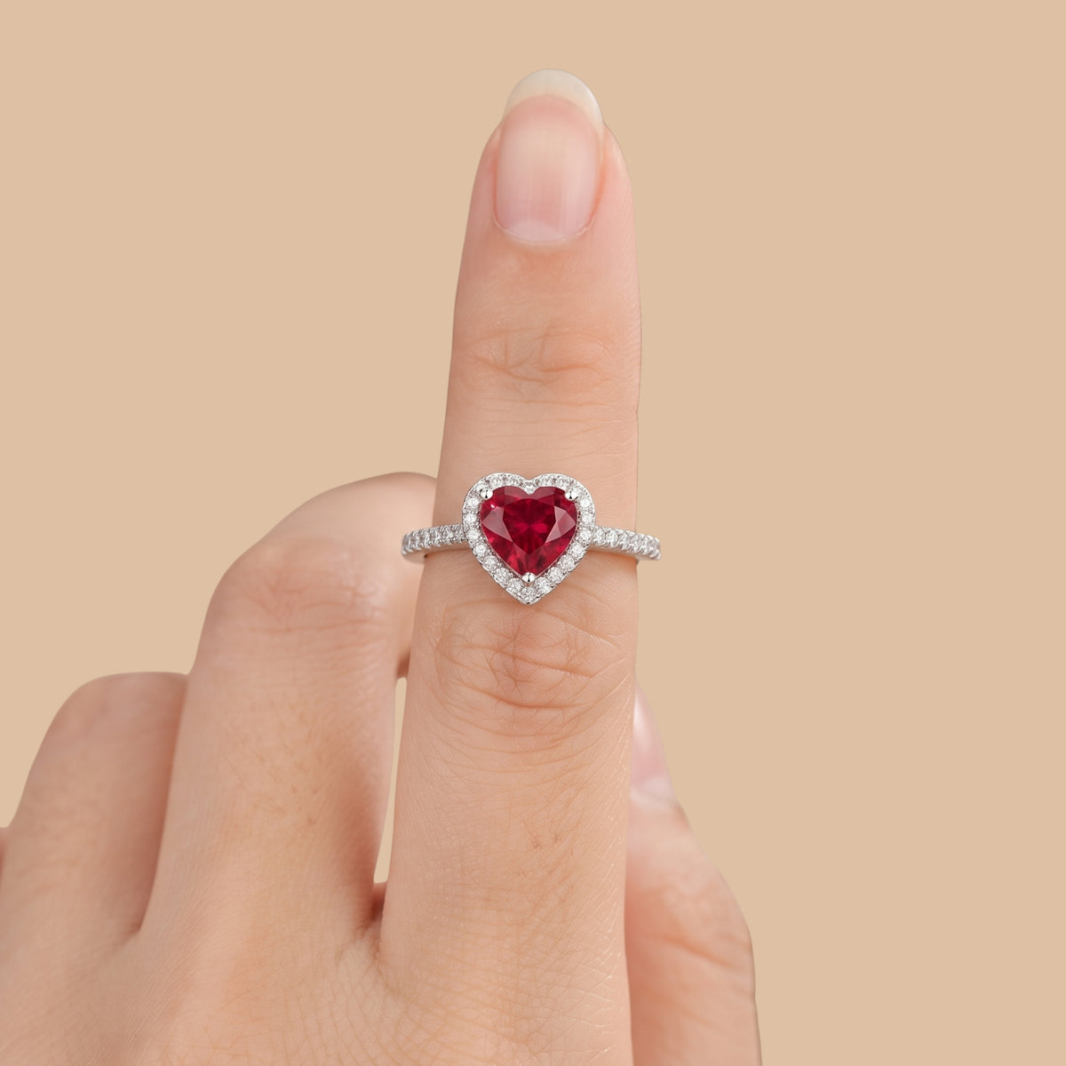 Ruby Heart Halo Ring for Women | Anti-Tarnish Adjustable Silver Crystal Ring