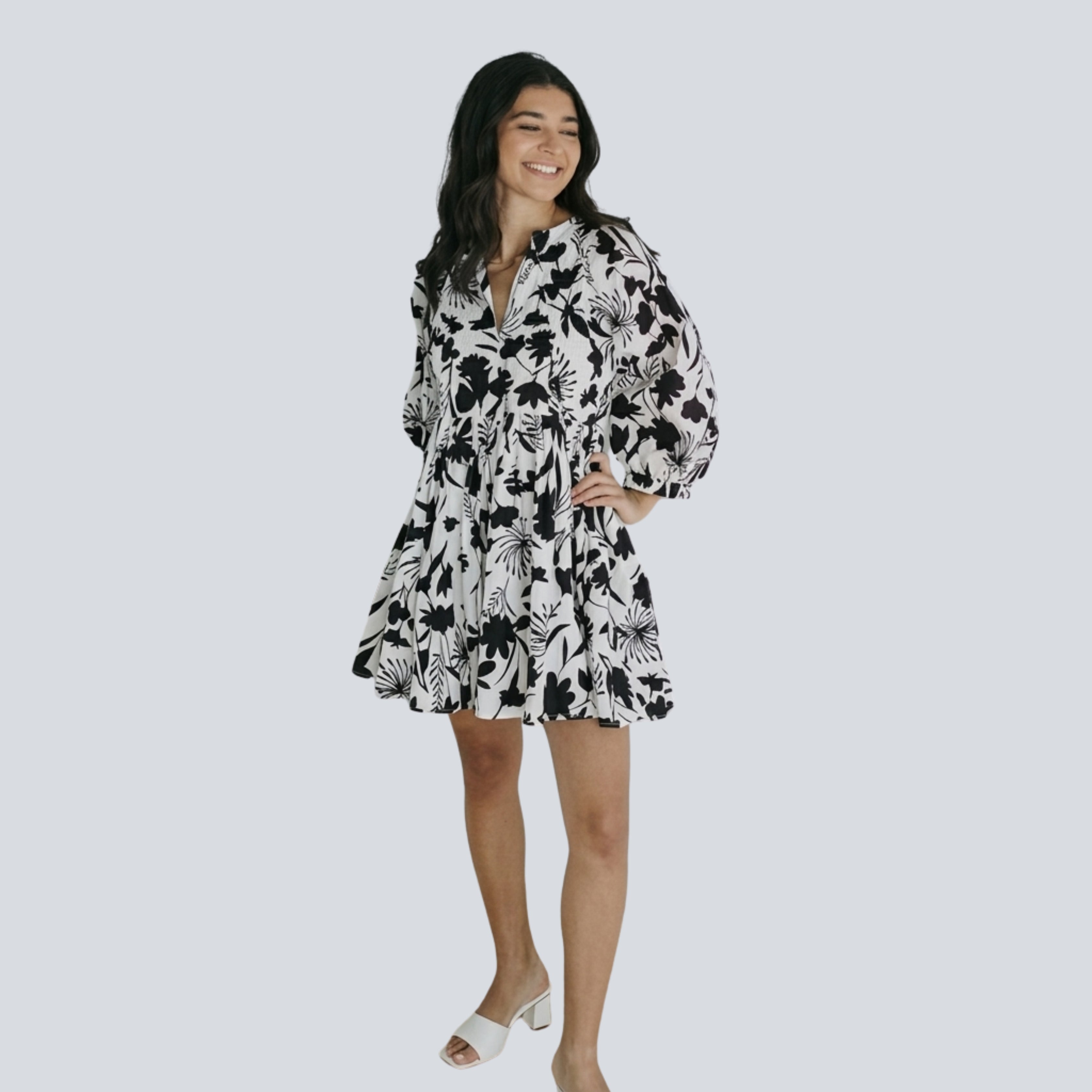 Black & White Floral Print Babydoll Mini Dress for Women