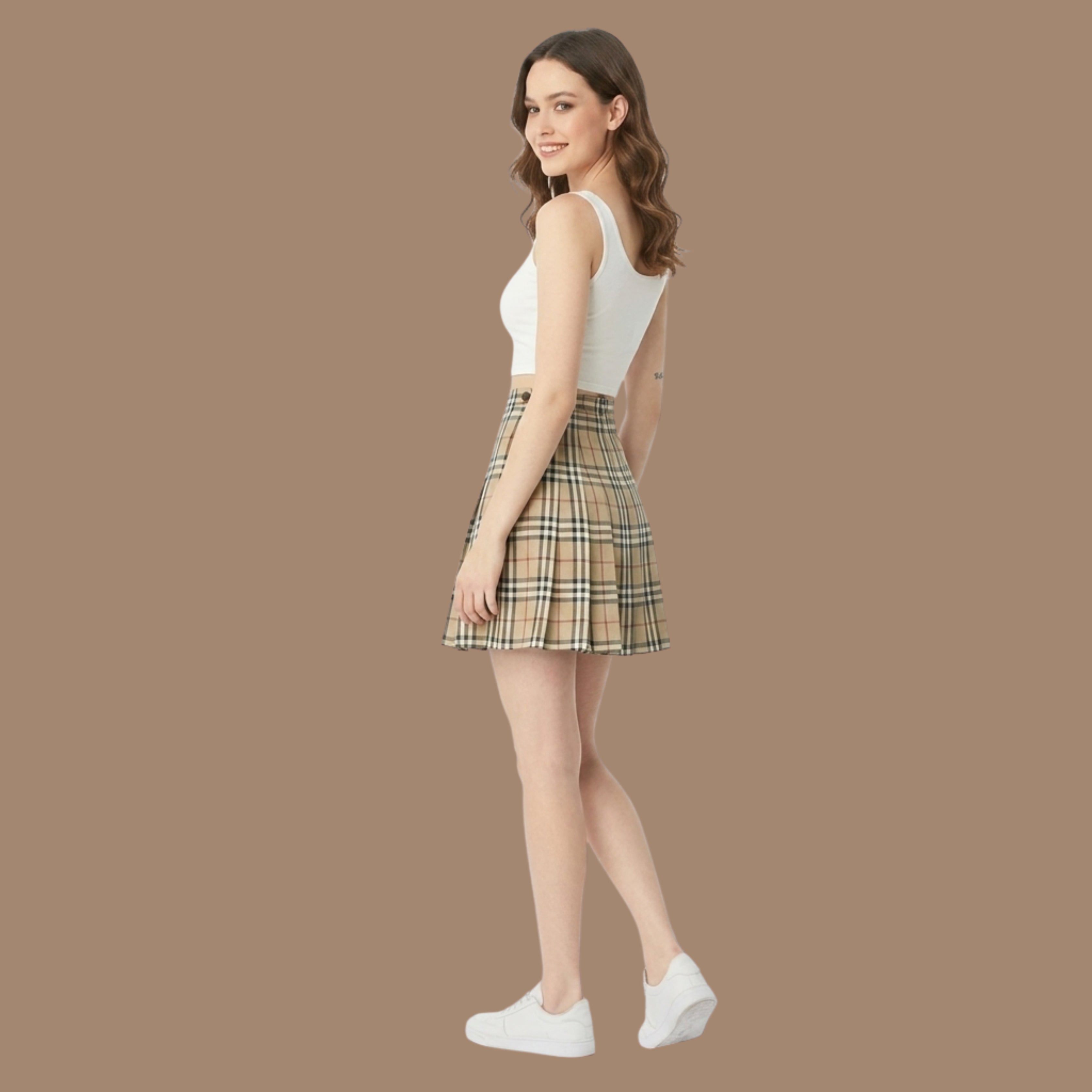 Korean Style Beige Plaid Pleated Mini Skirt for Women | High Waist A-Line Tennis Skirt | Nine99 Store