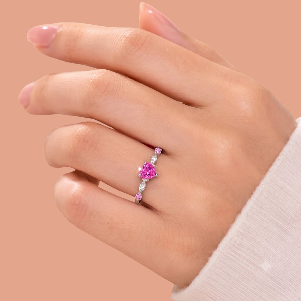 Pink Heart Crystal Ring for Women | Adjustable Anti-Tarnish Silver Ring
