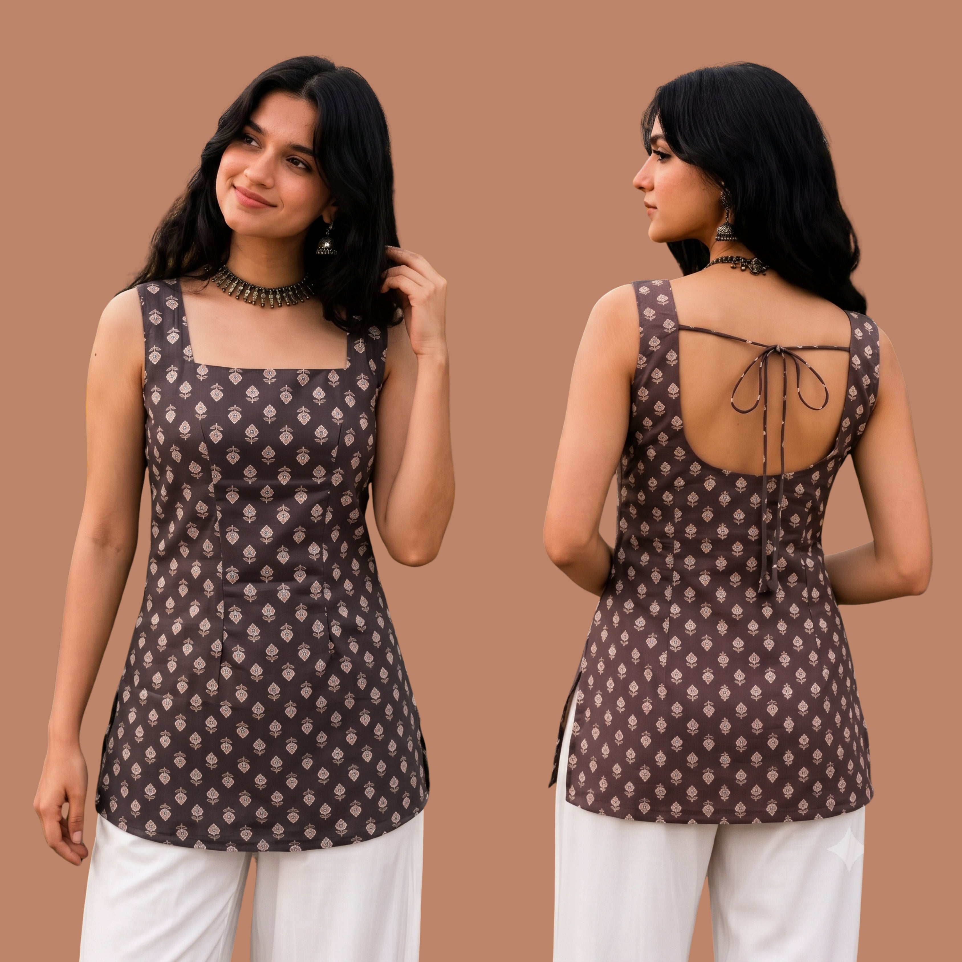 Women's Brown Printed Sleeveless Short Kurti | Square Neck Open Back Tie-Up Top |