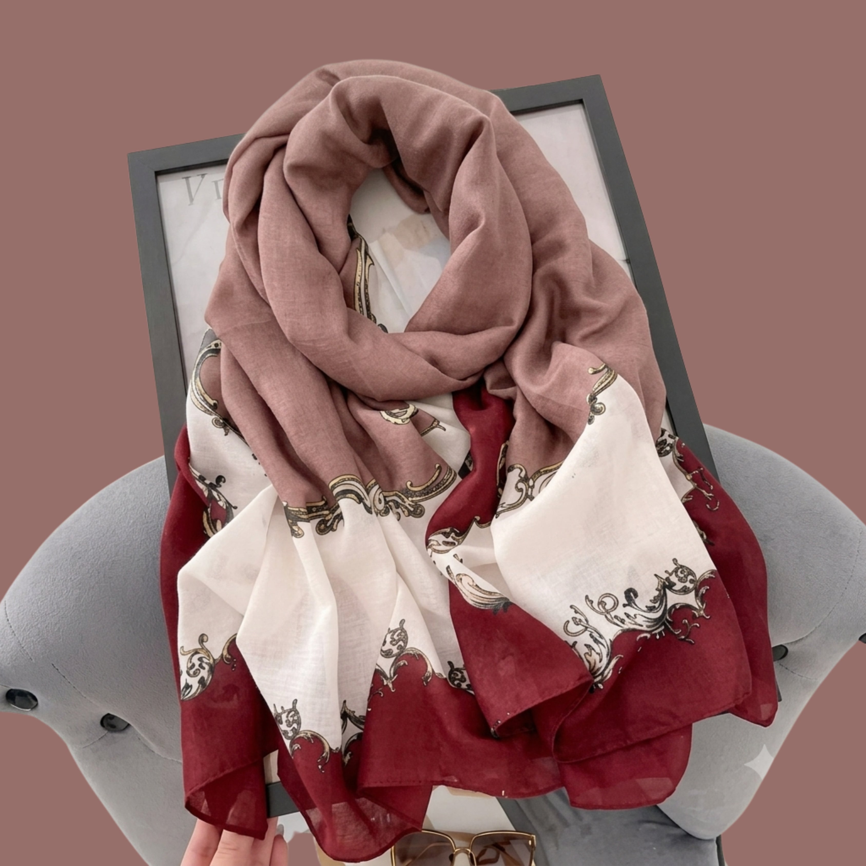 Elegant Dusty Rose & Burgundy Border Women's Scarf | Soft Lightweight Vintage Print Korean Style Shawl & Wrap