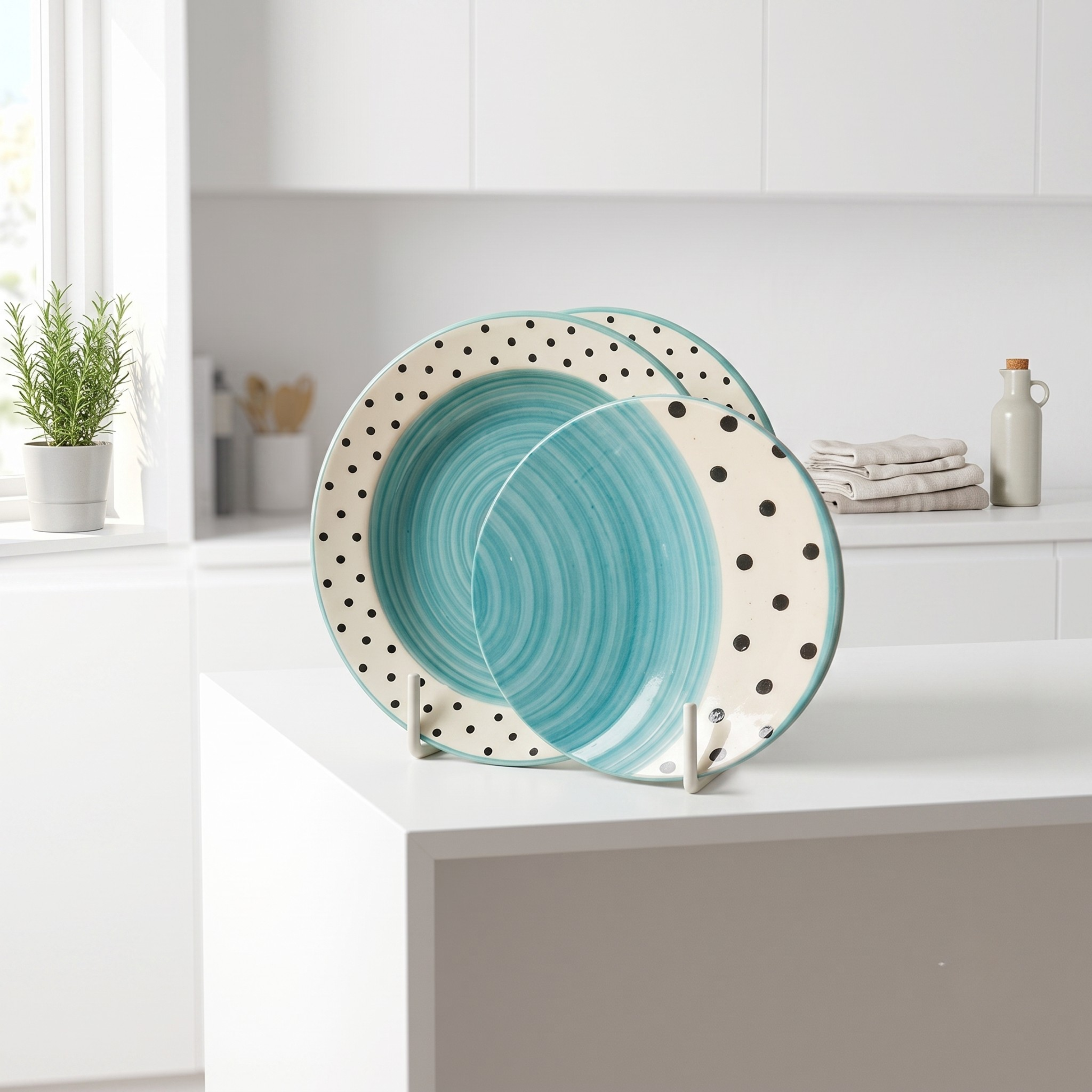 Premium Hand-Painted Ceramic Plate (20cm) - Teal Spiral & Polka Dot Design | Eco-Friendly Dinnerware