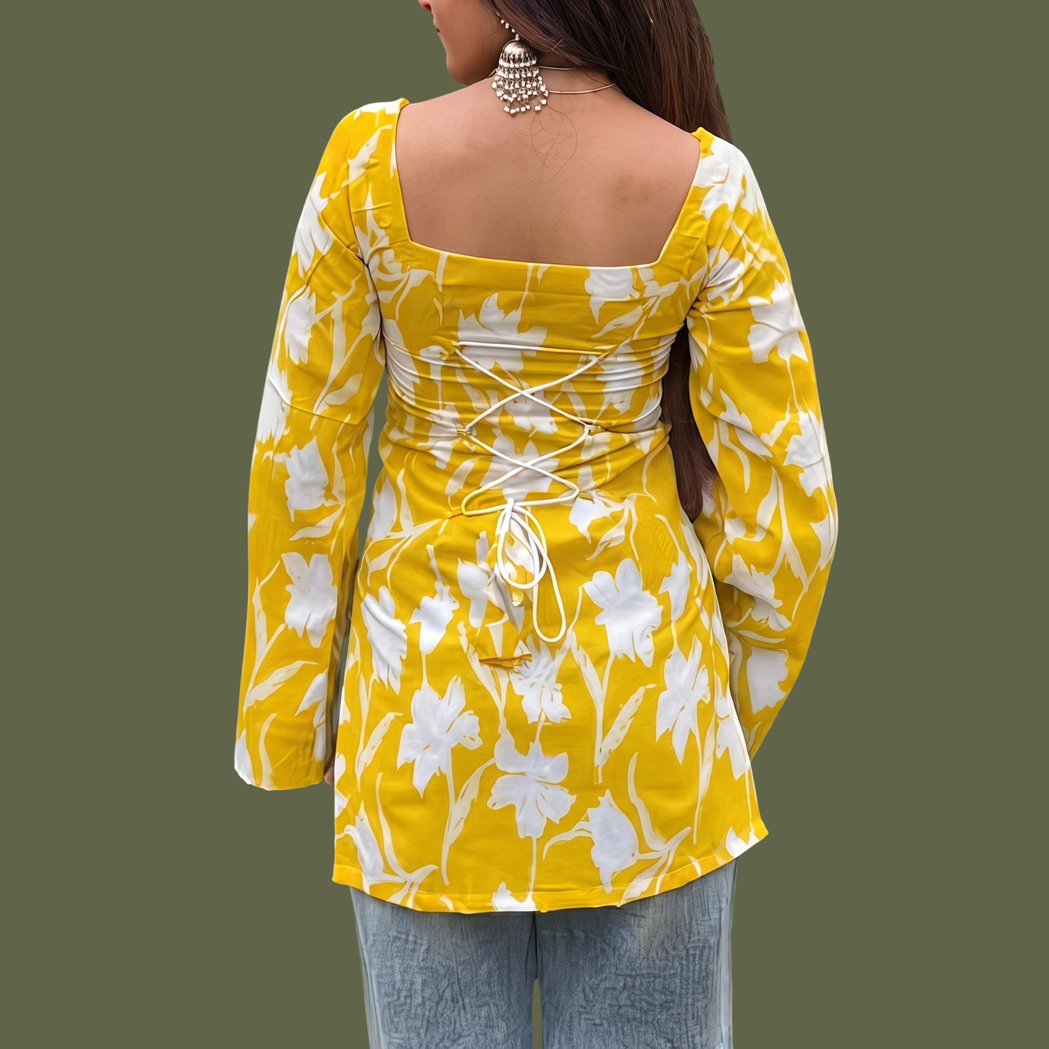 Women's Yellow Floral Printed Short Kurti | Square Neck Bell Sleeve Ethnic Top with Back Tie-Up