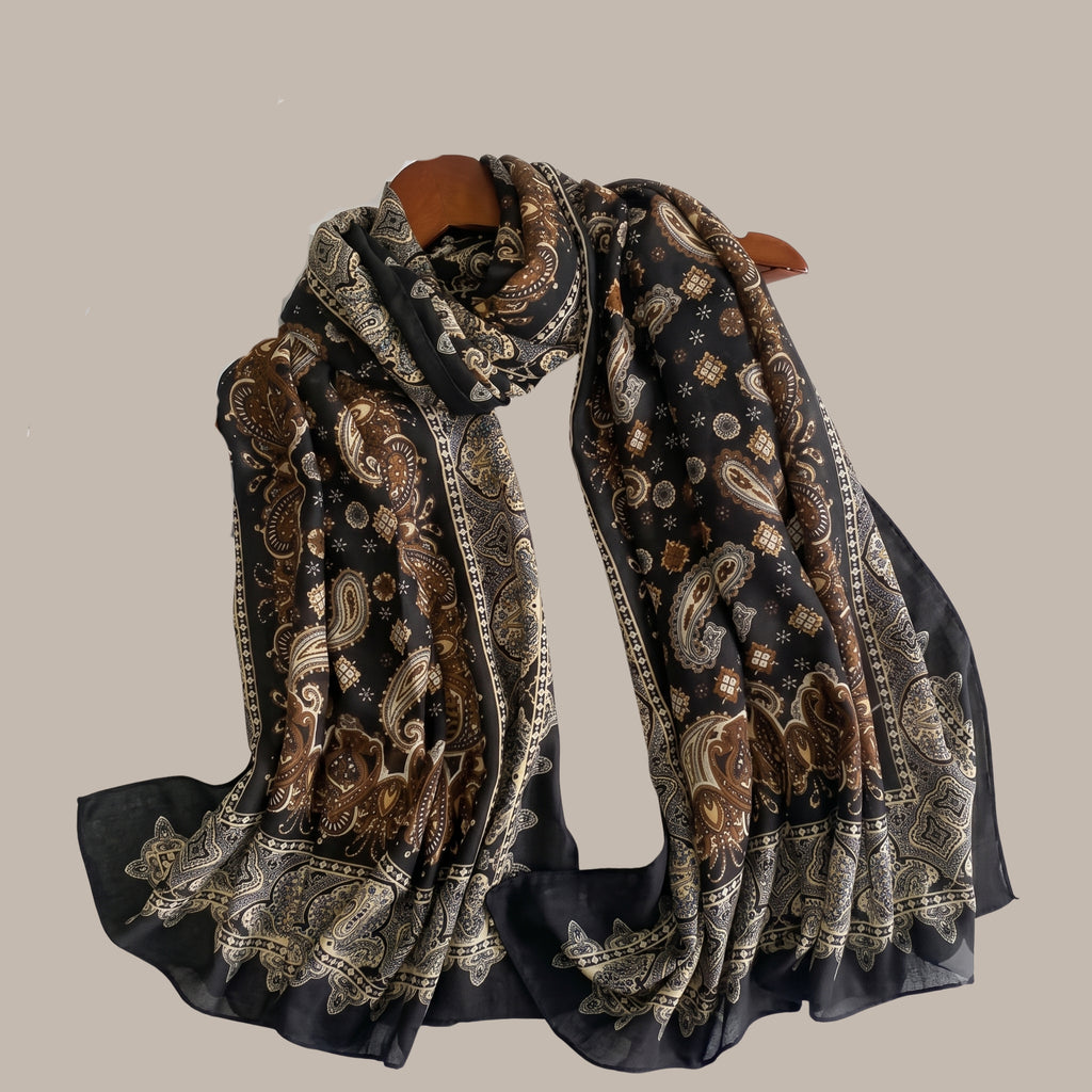 Elegant Black & Brown Paisley Print Women's Scarf | Soft Vintage Korean Style Shawl, Wrap & Stole