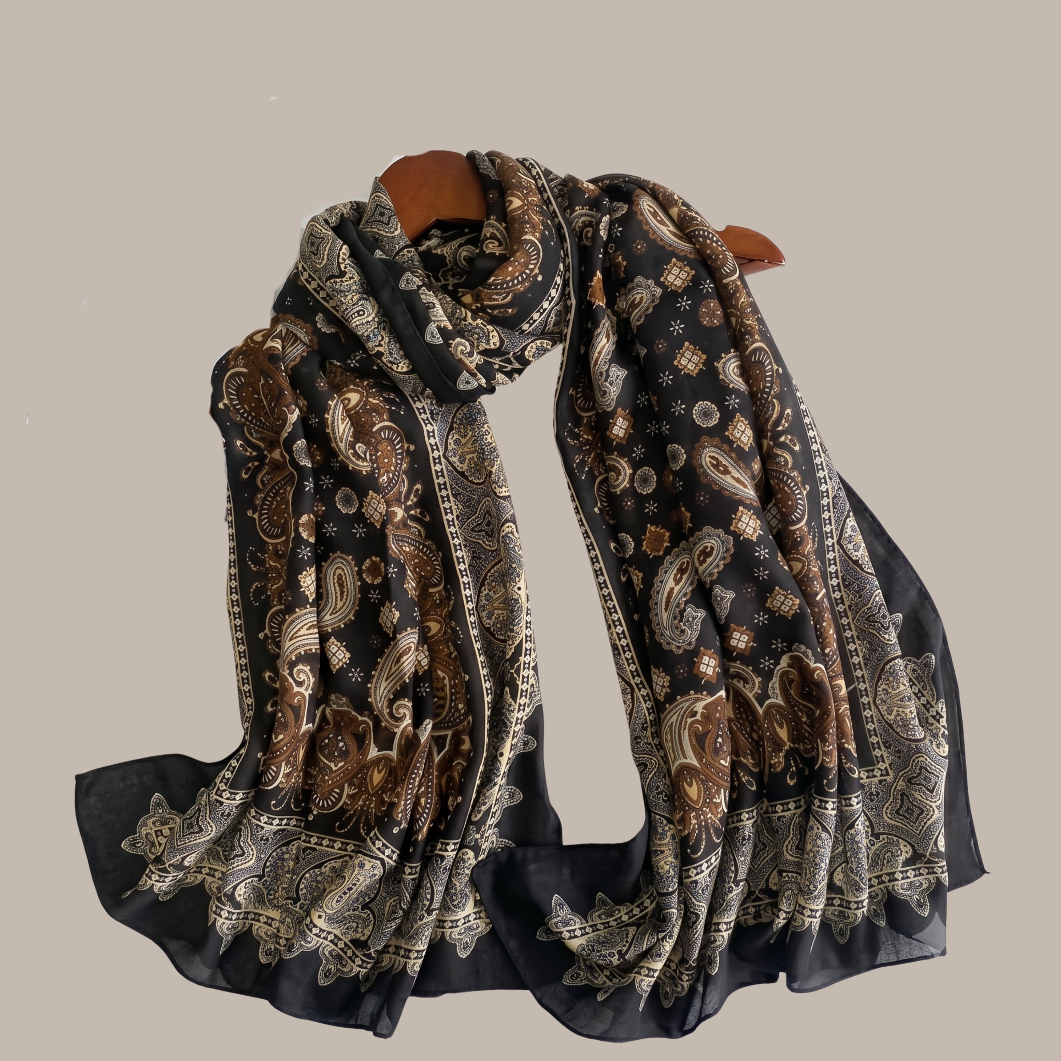 Elegant Black & Brown Paisley Print Women's Scarf | Soft Vintage Korean Style Shawl, Wrap & Stole