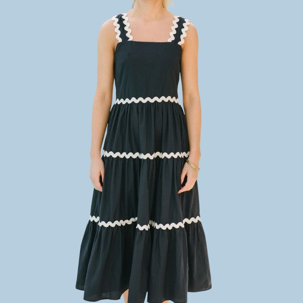 Midnight Elegance Ric Rac Trim Tiered Midi Dress for Women | Blue