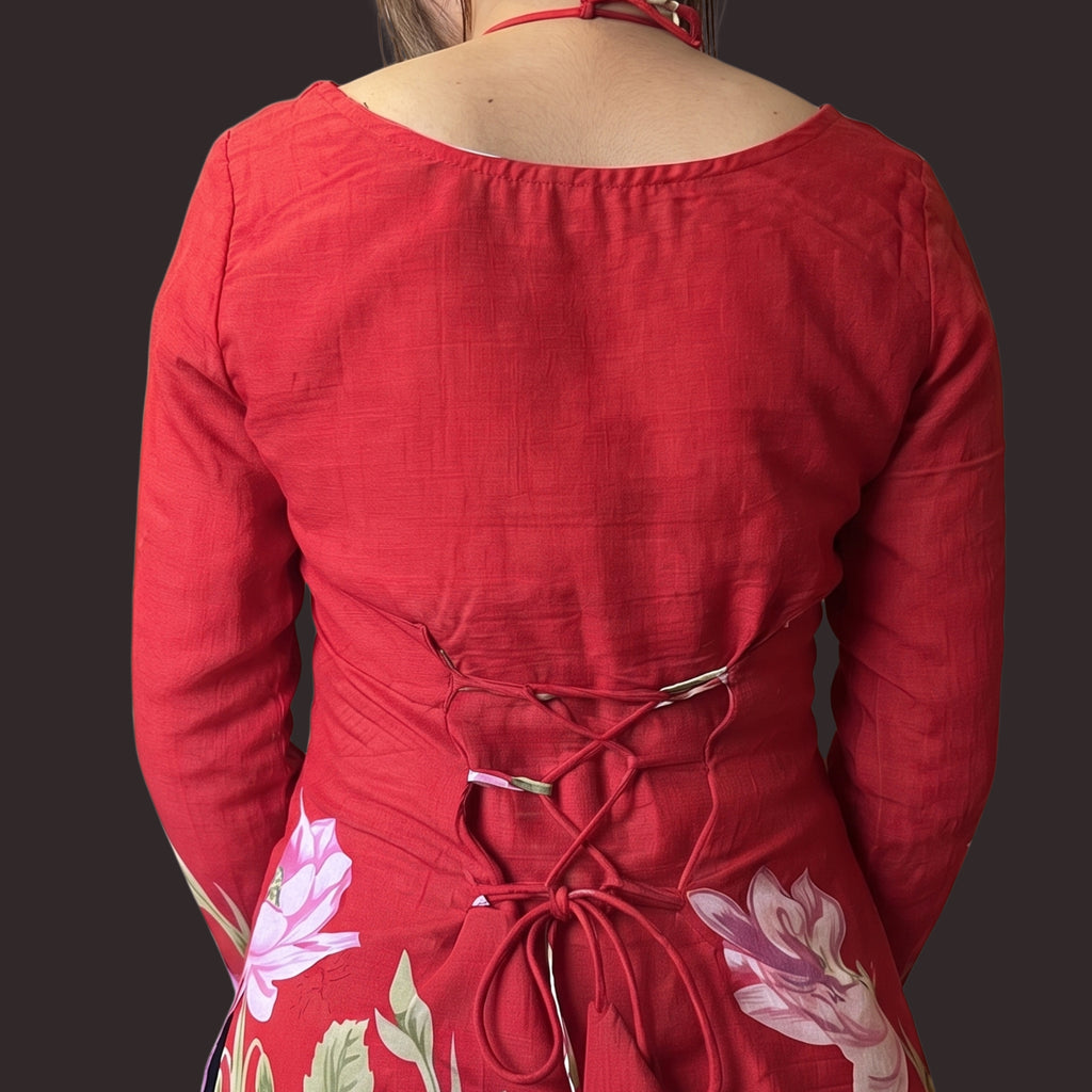 Women's Red Floral Printed Short Kurti | Bell Sleeve Cotton Blend Ethnic Top with Back Tie-Up