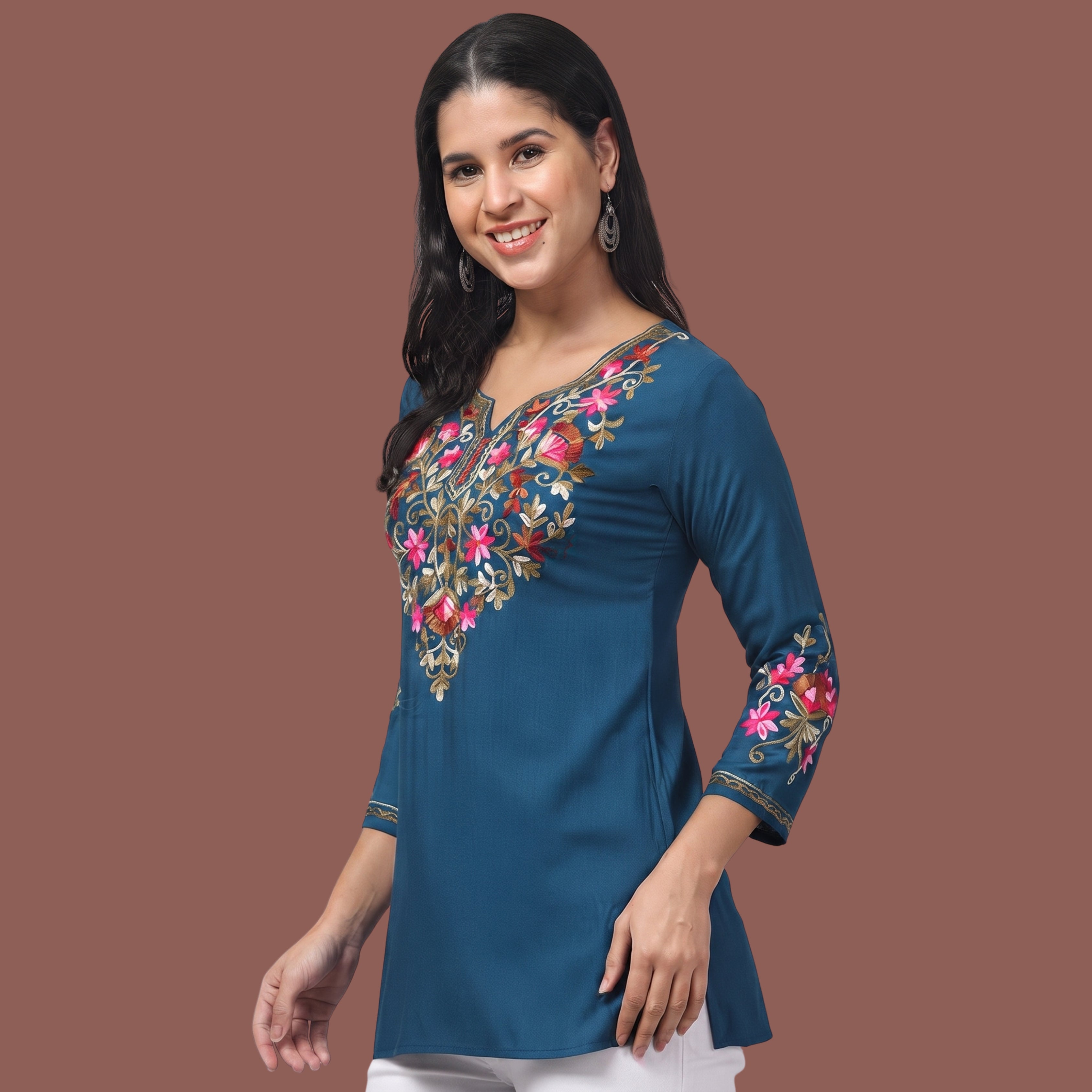 Women's Blue Floral Embroidered Short Kurti | Casual & Office Wear Kurti