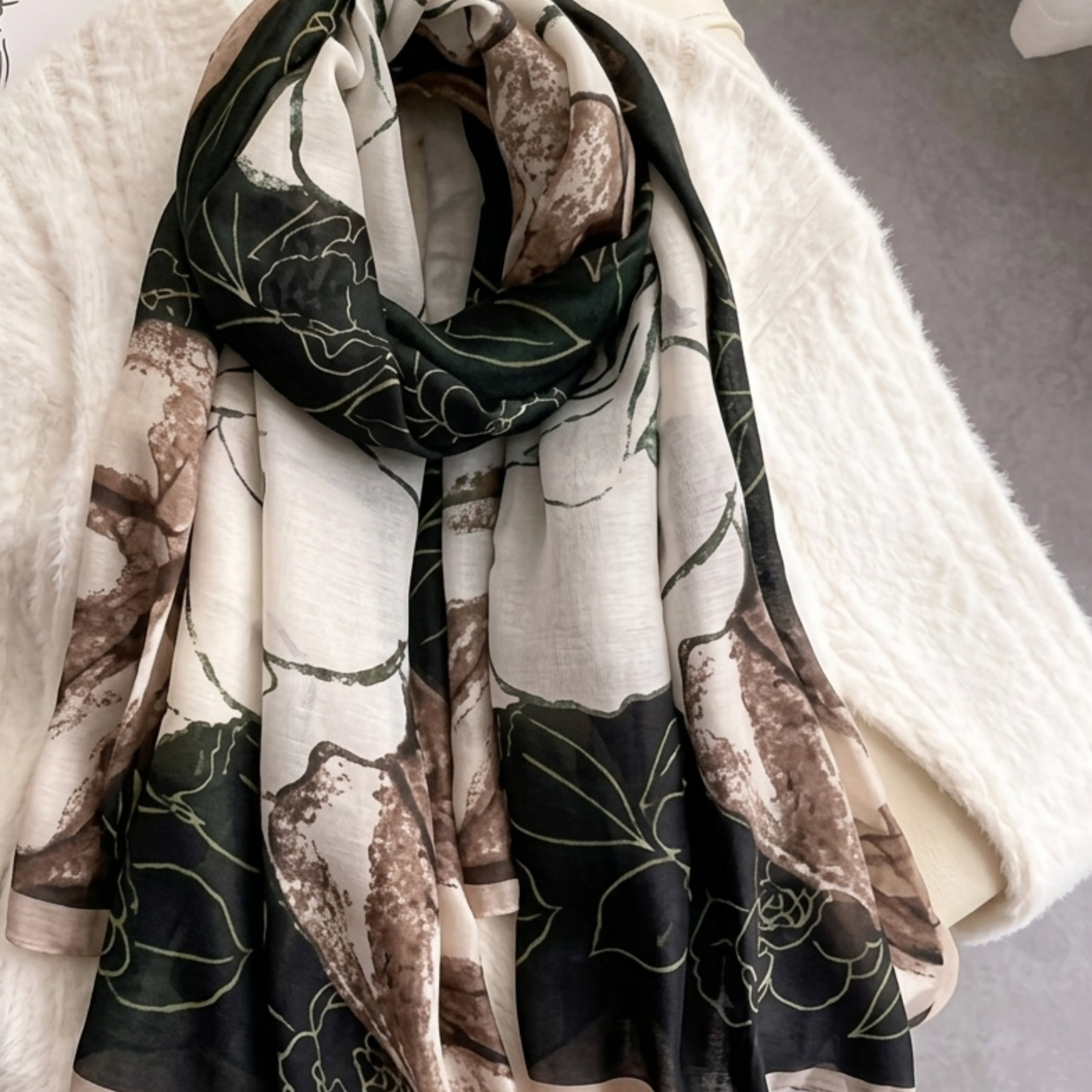 Elegant Black & Ivory Floral Print Women's Scarf | Soft Lightweight Korean Style Shawl, Wrap & Stole