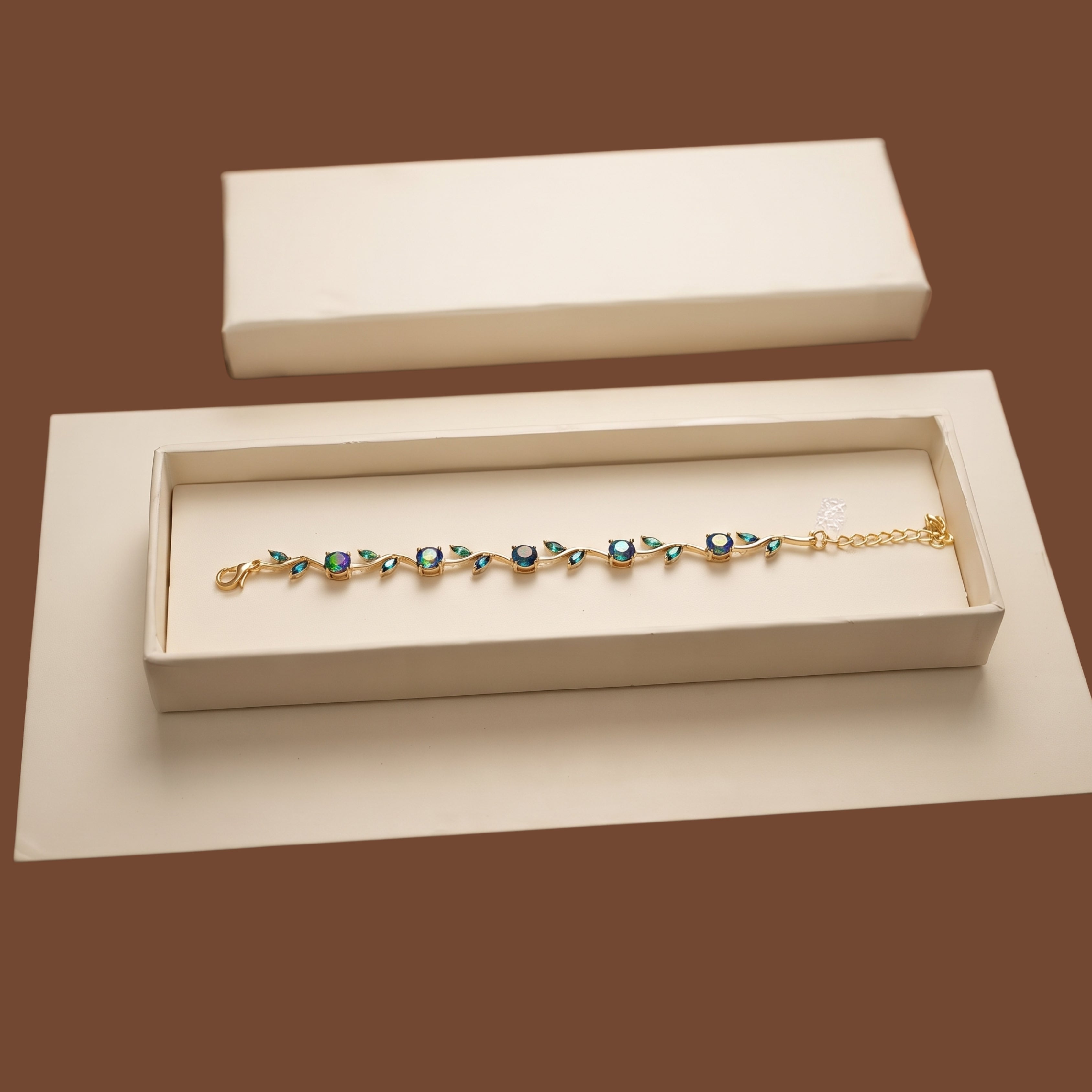 Gold Leaf Crystal Bracelet for Women | Adjustable Anti-Tarnish Bracelet with Blue Stones