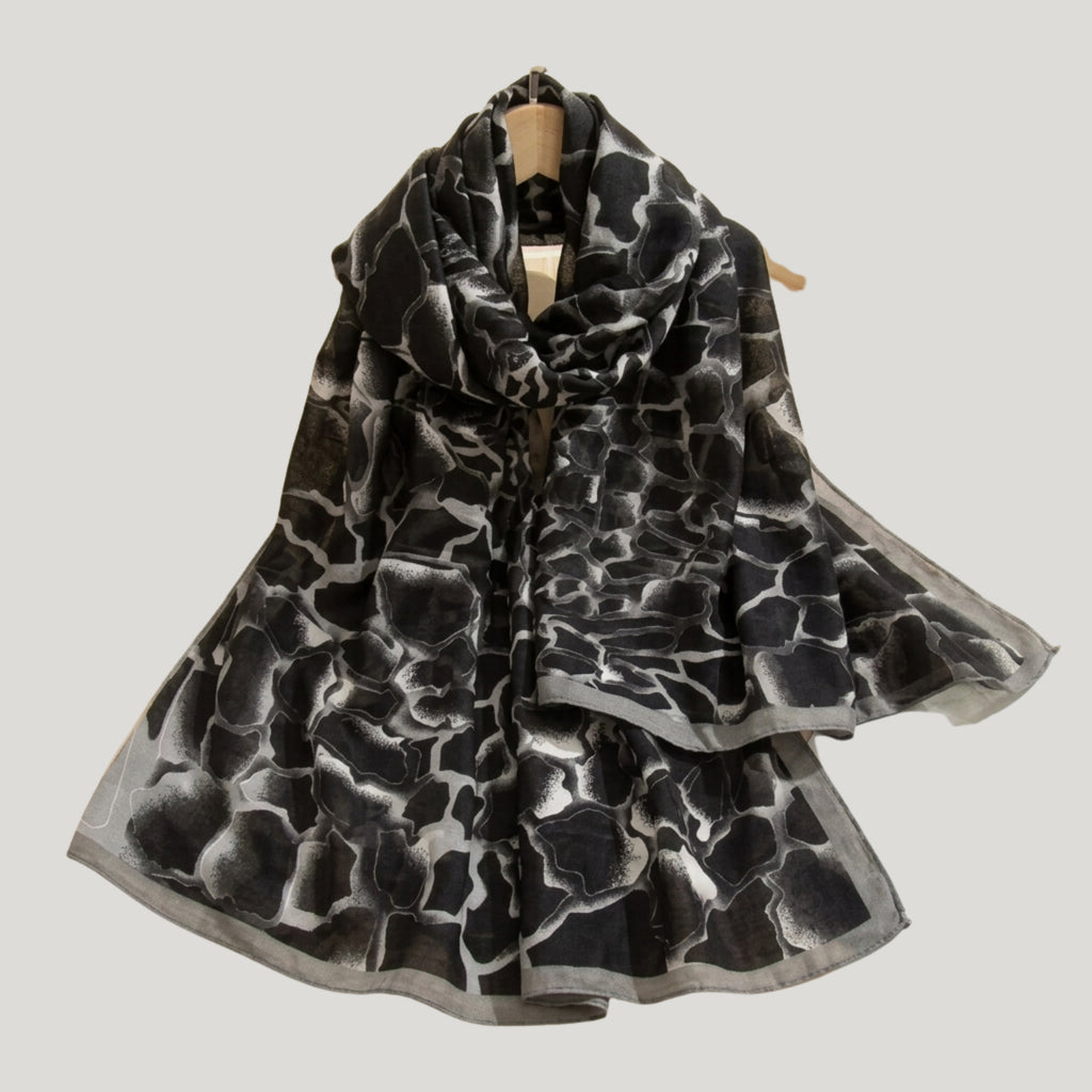 Elegant Black & Grey Abstract Print Women's Scarf | Soft Lightweight Korean Style Shawl, Wrap & Stole