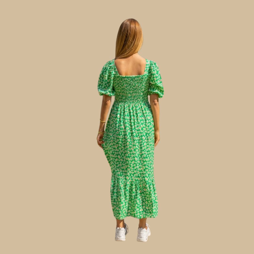 Summer Green Floral Tiered Dress with Puff Sleeves