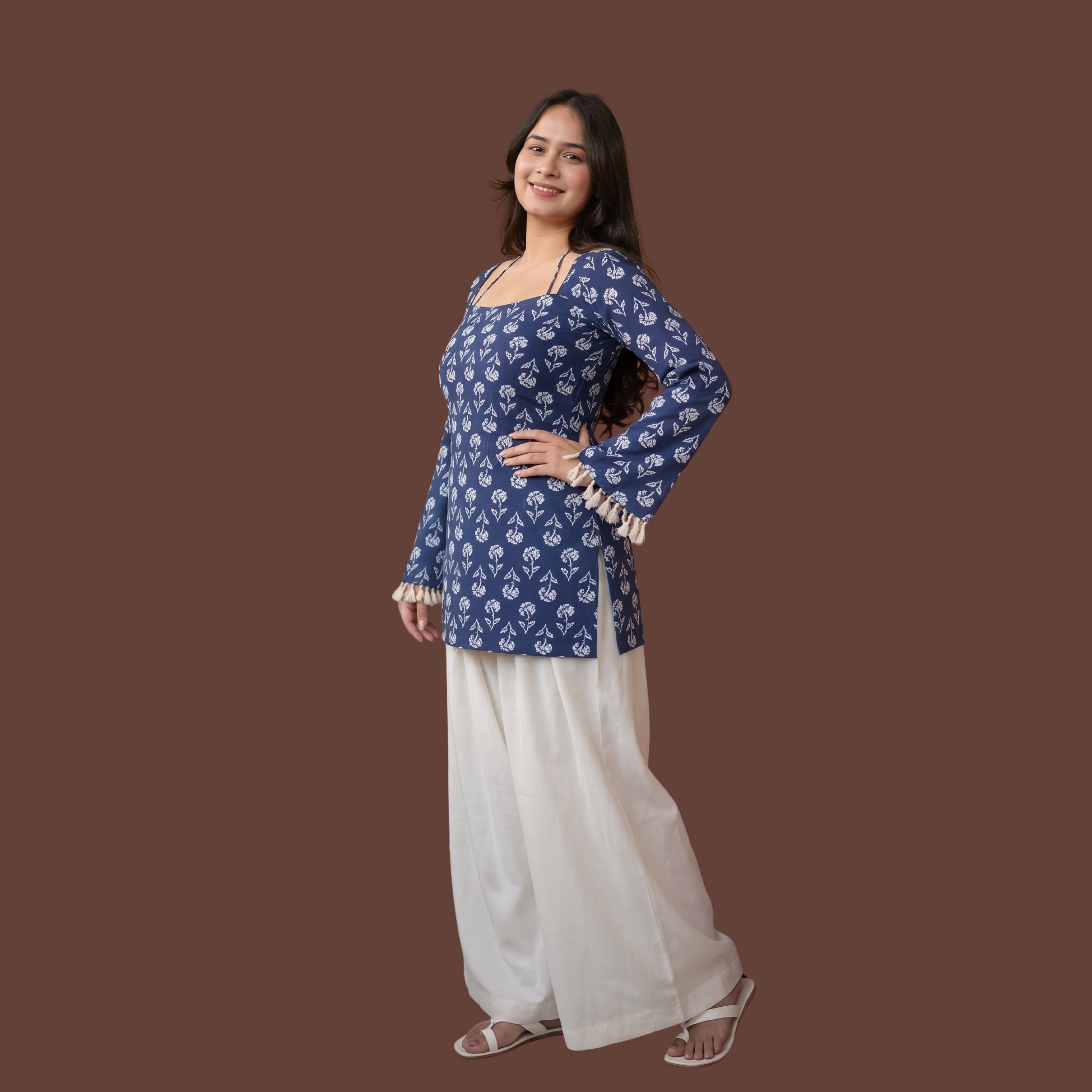 Women's Blue Floral Printed Short Kurti | Bell Sleeve Cotton Blend Ethnic Top with Back Tie-Up