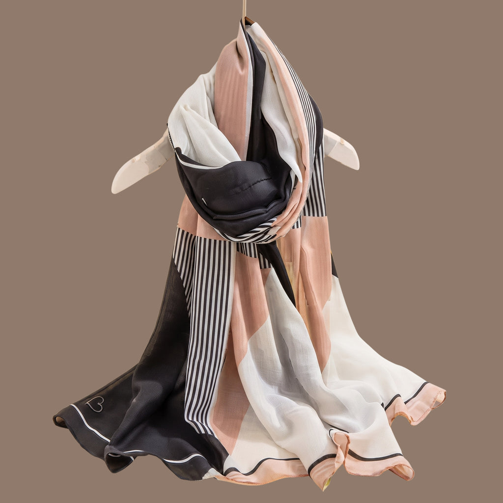 Black & Beige Geometric Satin Scarf for Women | Soft Striped Square Neck Scarf, Shawl & Wrap