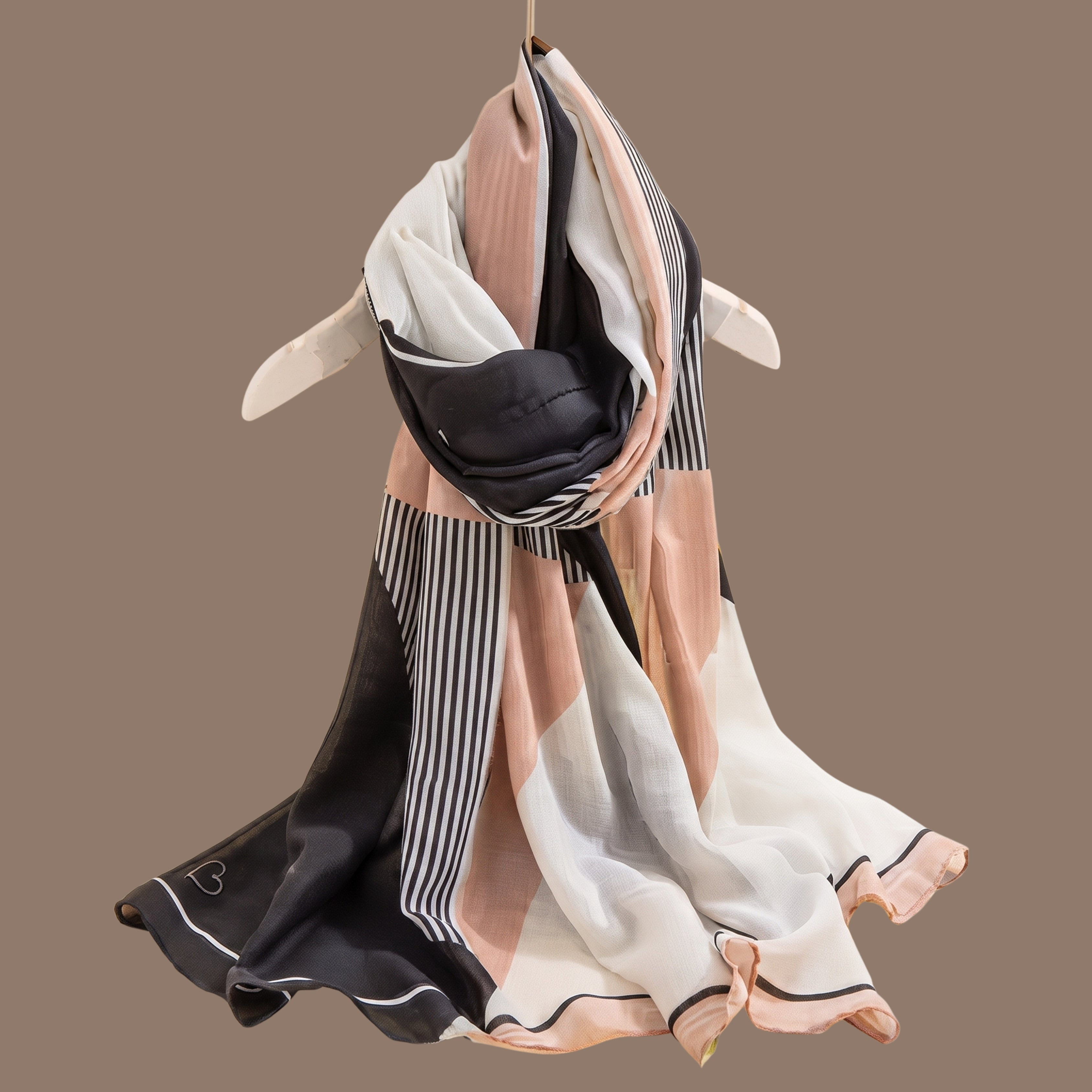 Black & Beige Geometric Satin Scarf for Women | Soft Striped Square Neck Scarf, Shawl & Wrap