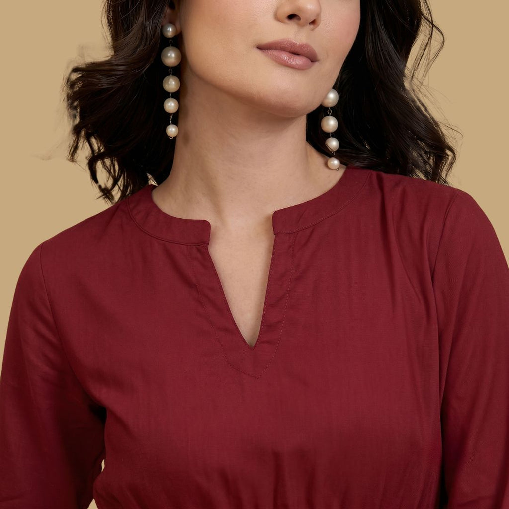 Maroon Floral Embroidered Midi Dress | Elegant Casual & Party Wear