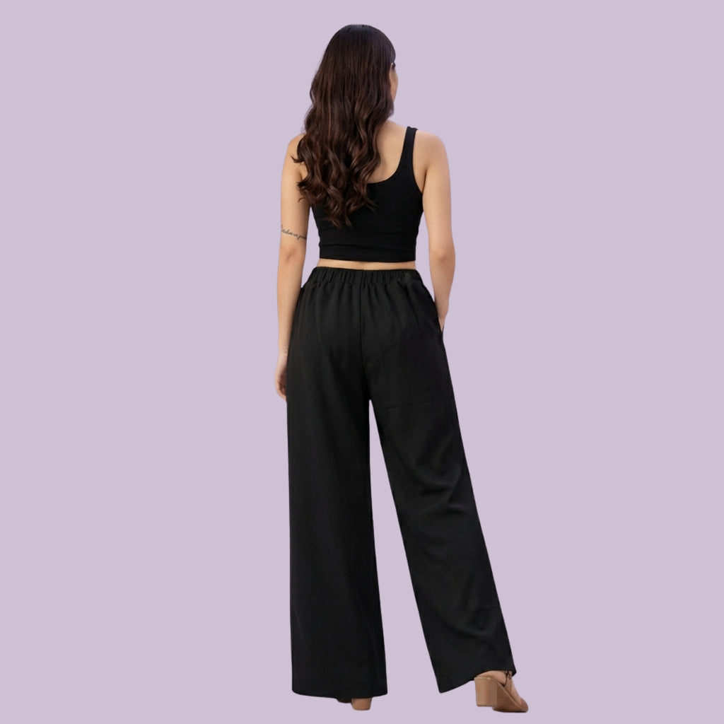 Women's Black Crop Top & Wide-Leg Pants Co-Ord Set | Casual Lounge Wear Co-Ord