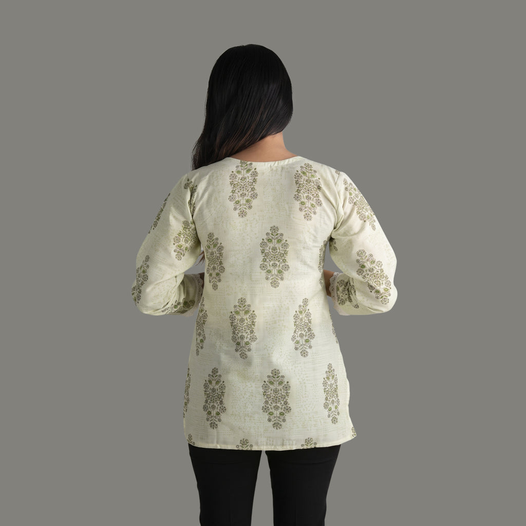 Women's Green Floral Printed Short Kurti | V-Neck Cotton Ethnic Top with Lace Detail
