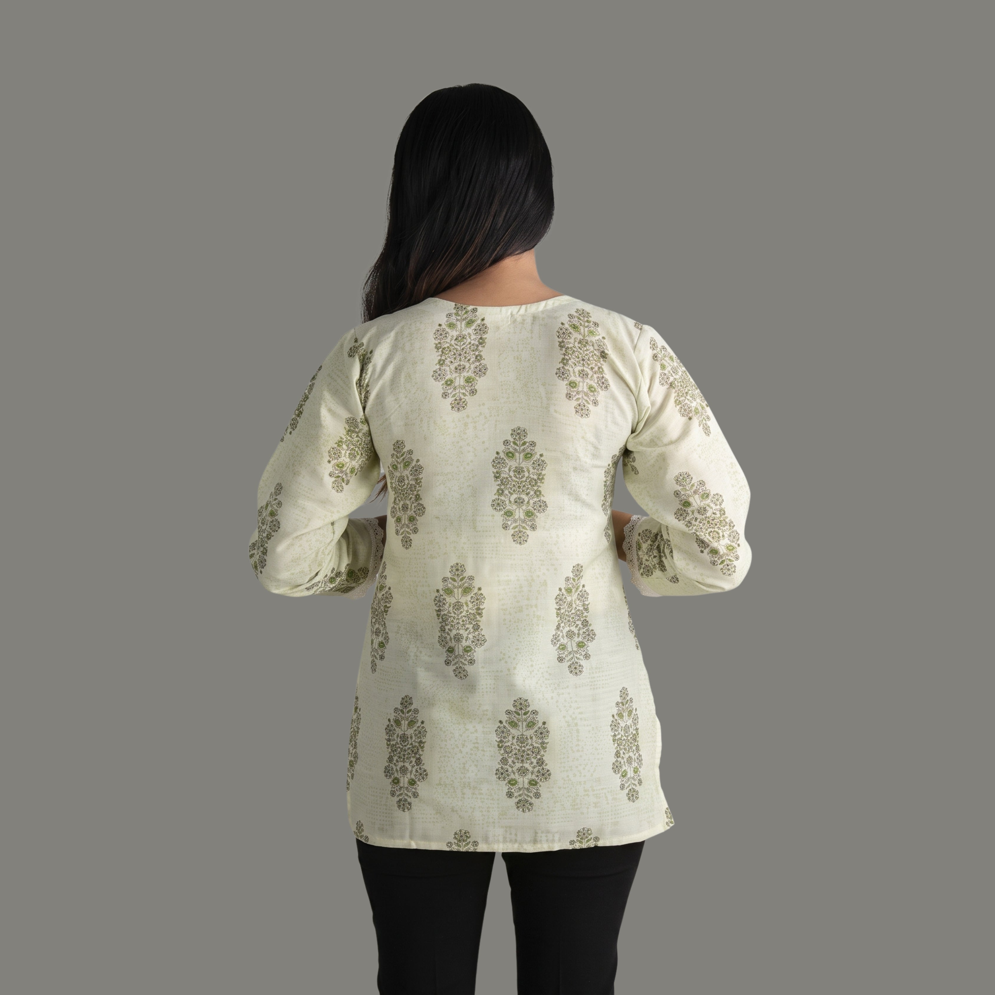Women's Green Floral Printed Short Kurti | V-Neck Cotton Ethnic Top with Lace Detail