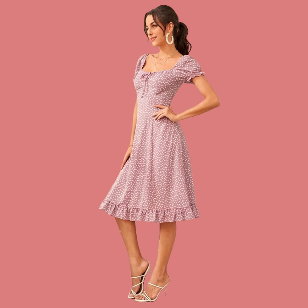 Pink Floral Print Puff Sleeve Midi Dress for Women