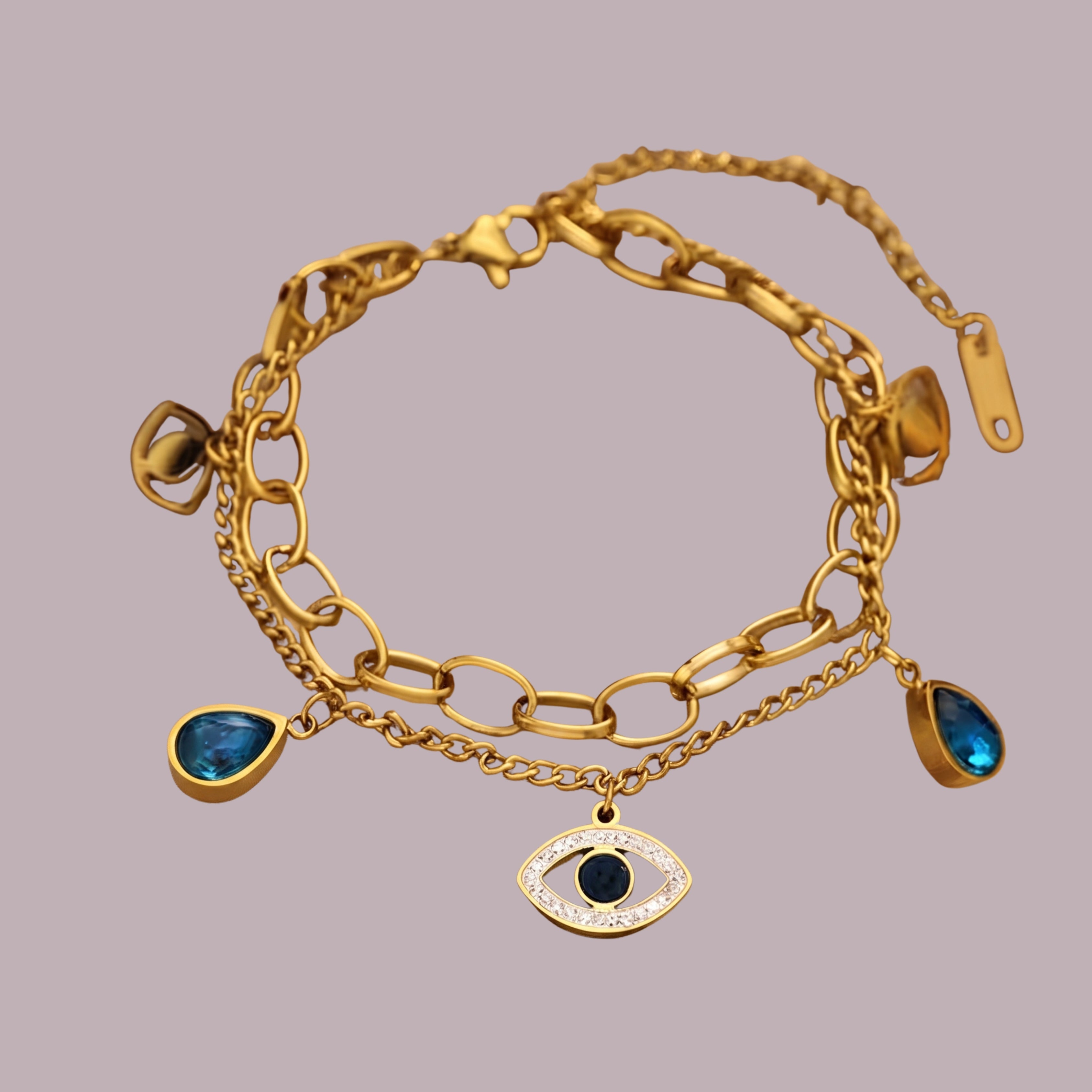 Gold Evil Eye Bracelet for Women | Adjustable Anti-Tarnish Layered Bracelet with Blue Crystal Charms