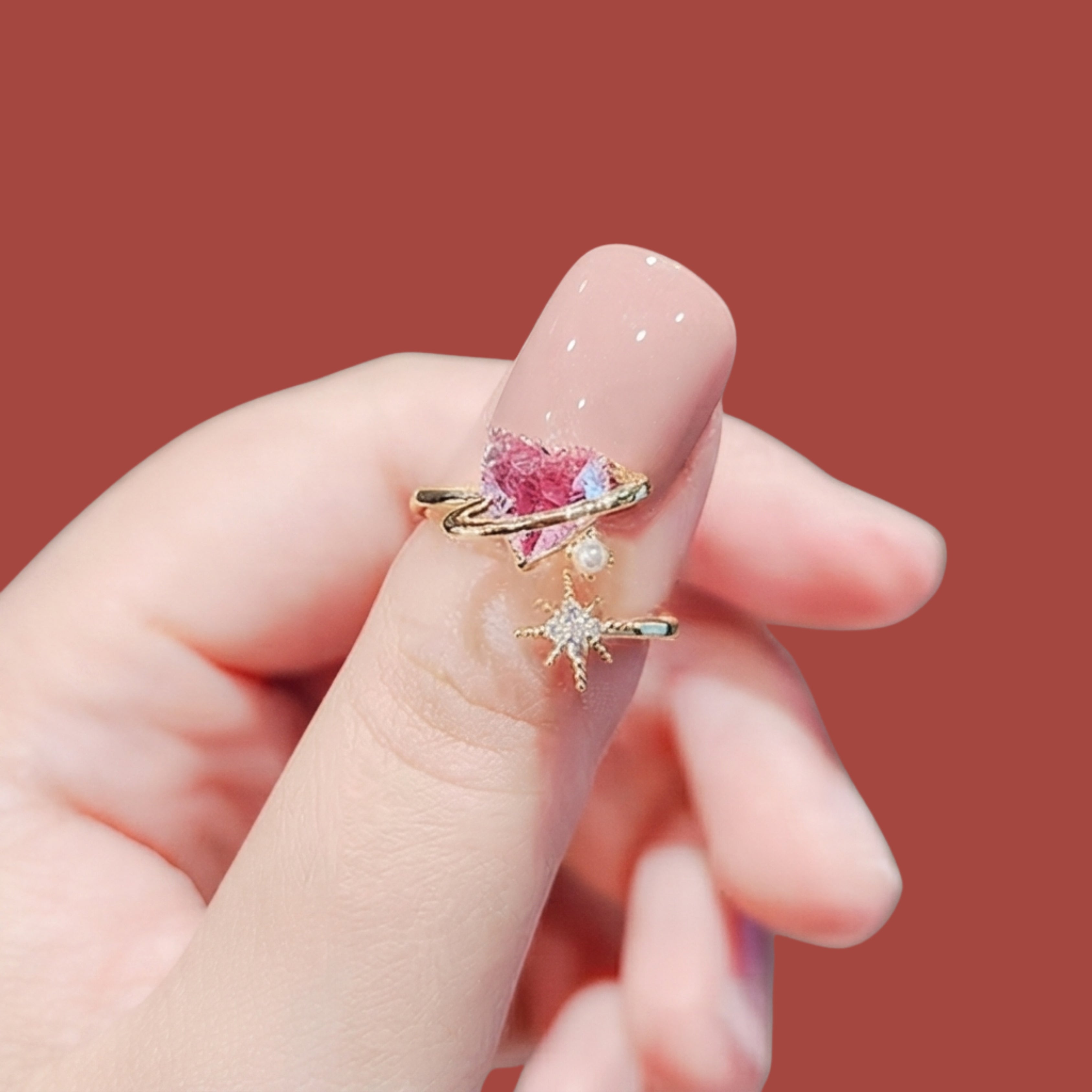 Pink Heart Adjustable Ring for Women | Anti-Tarnish Gold-Plated Planet Ring | Korean Minimalist Jewelry