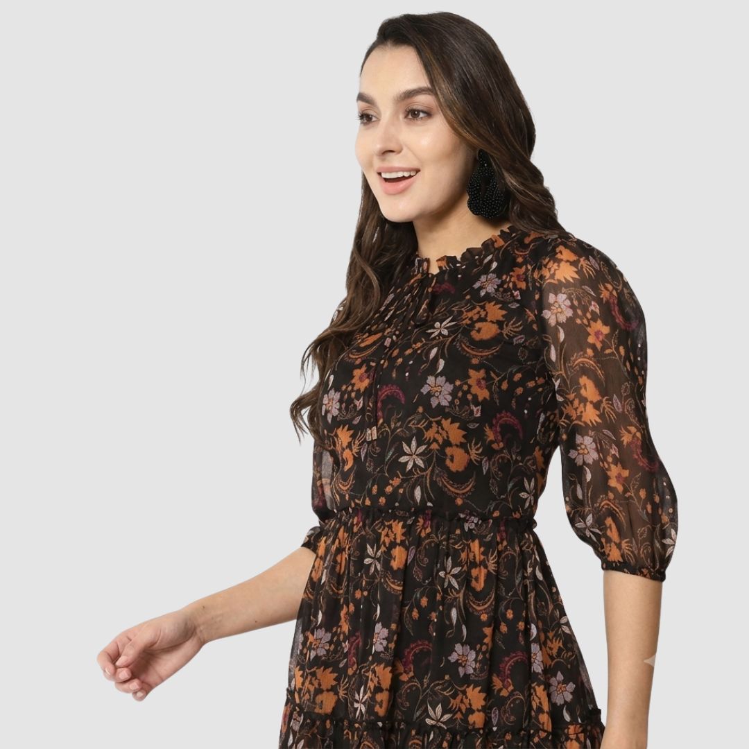 Black Printed Ruffle Hem Party Dress for Women