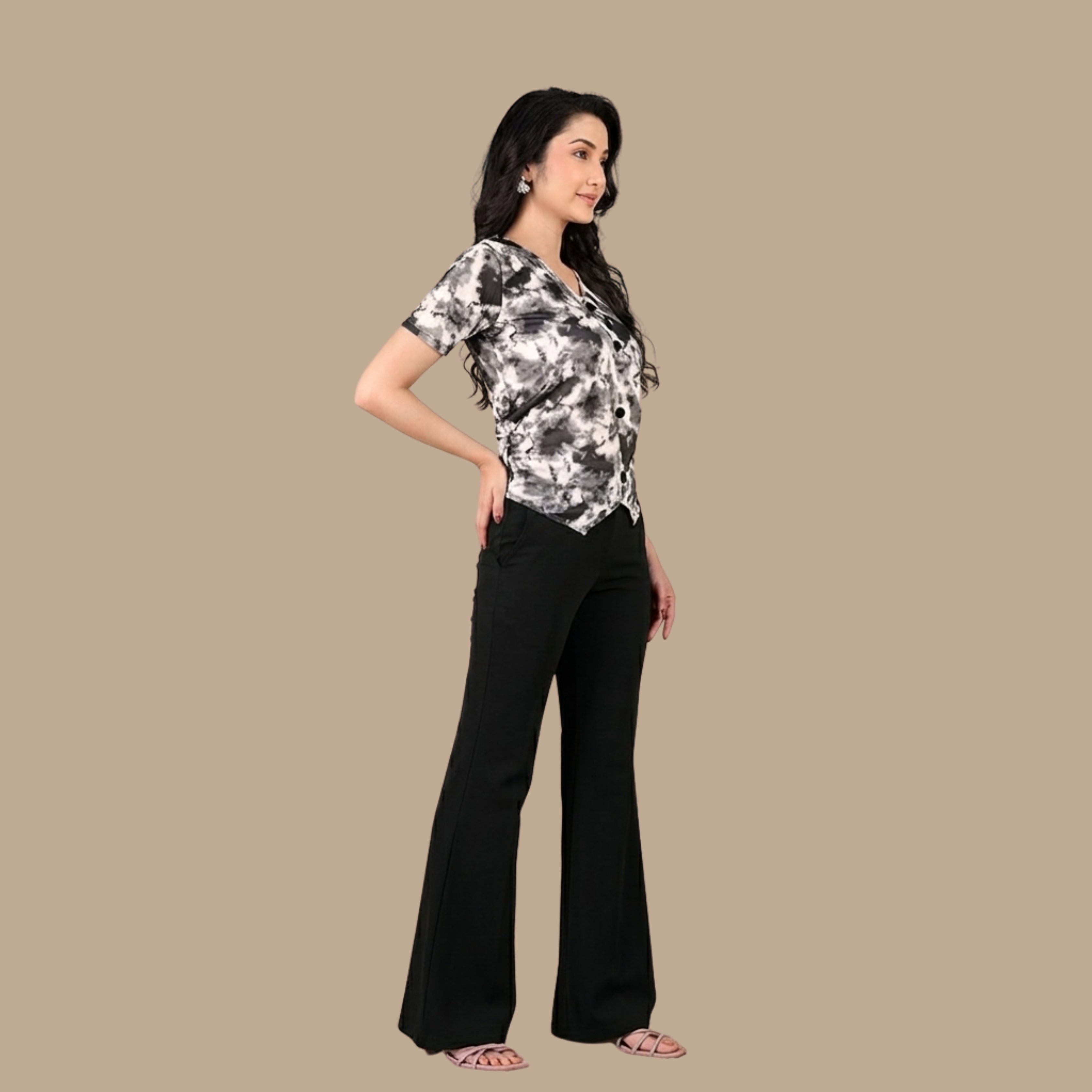 Women’s Black Printed Co-Ord Set | Abstract Print V-Neck Top with Black Flared Pants