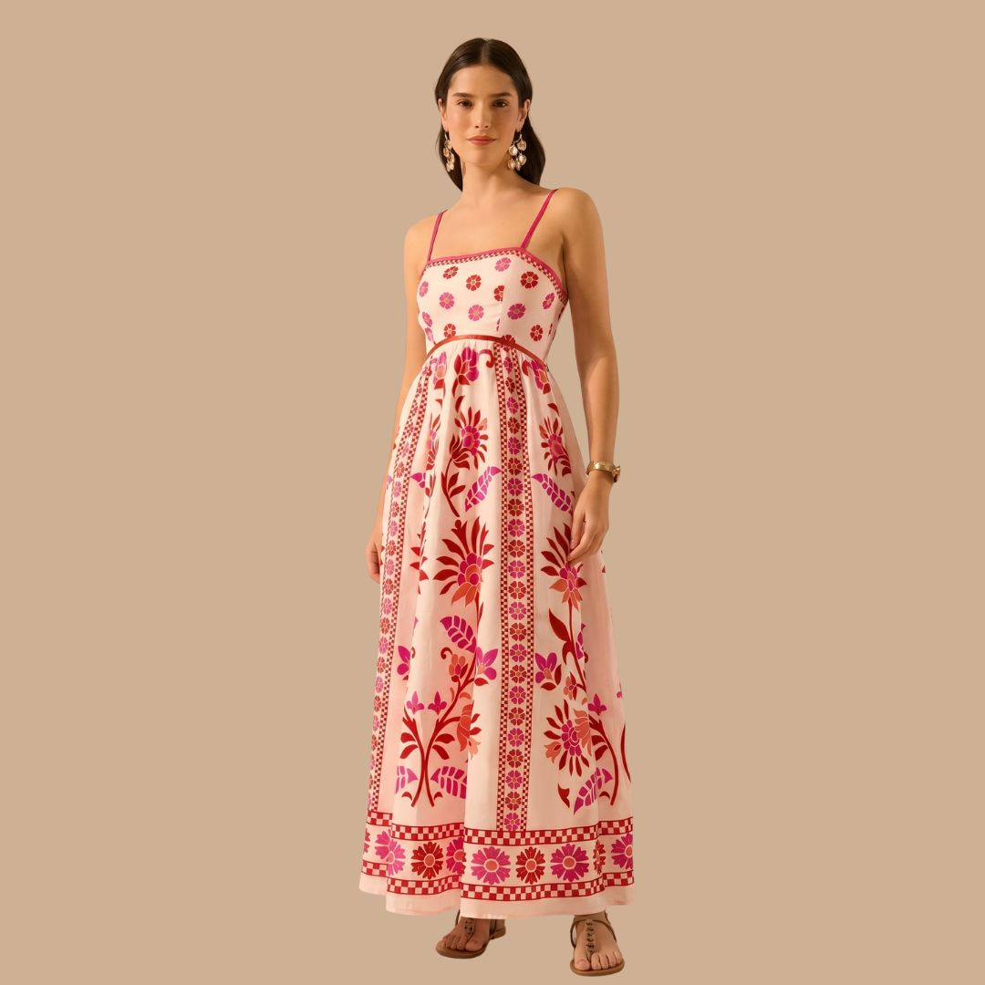 Pink Floral Printed Maxi Sleeveless Summer Dress